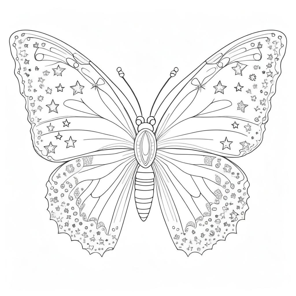 Esboço de uma borboleta com padrões complexos de estrelas e redemoinhos nas asas, pronta para colorir. Para Colorir.