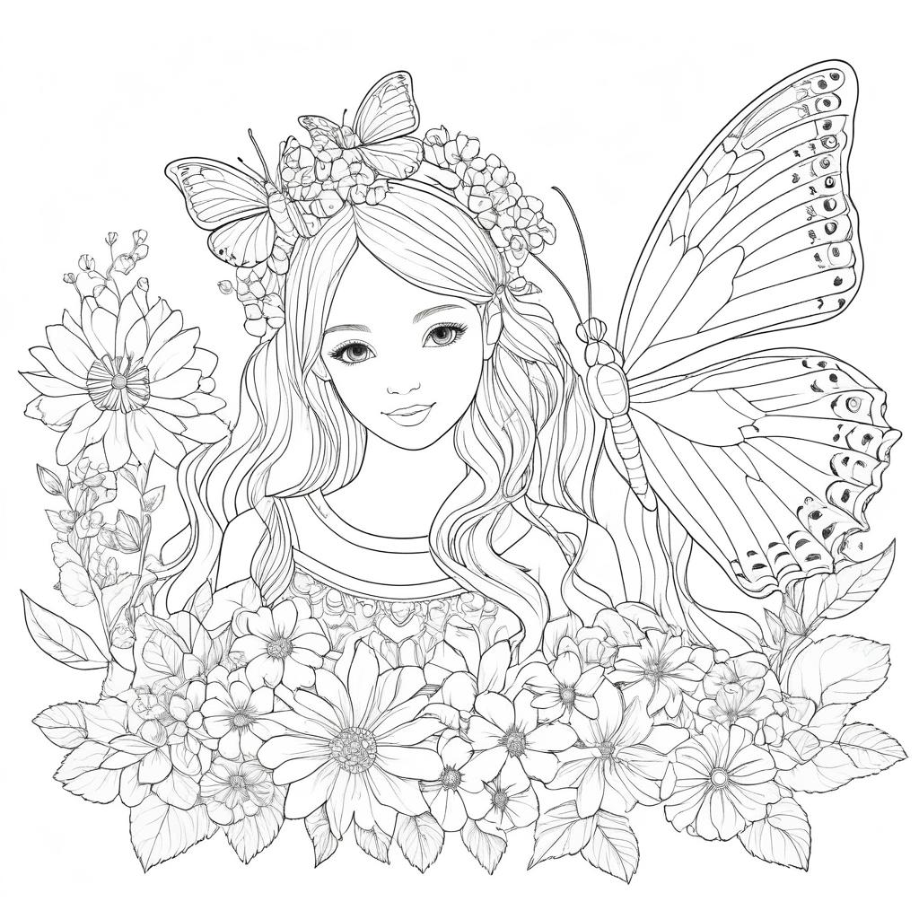 Um desenho detalhado de uma mulher com cabelos longos, borboletas no cabelo, cercada por flores e uma grande borboleta atrás dela. O design intrincado é perfeito Para Colorir. Para Colorir.