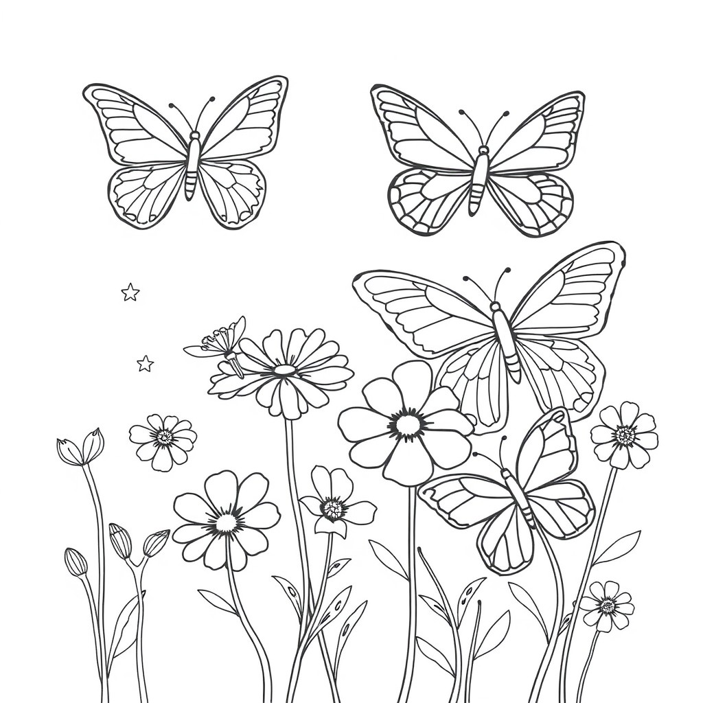 Desenho de borboleta em preto e branco voando sobre flores desabrochando com estrelas ao fundo, perfeito para colorir. Para Colorir.