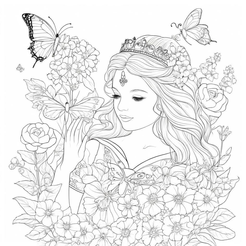 Um desenho detalhado de uma princesa com flores e borboletas, perfeito para colorir. Ela usa uma coroa e está cercada por plantas floridas, com Borboleta voando graciosamente. Para Colorir.