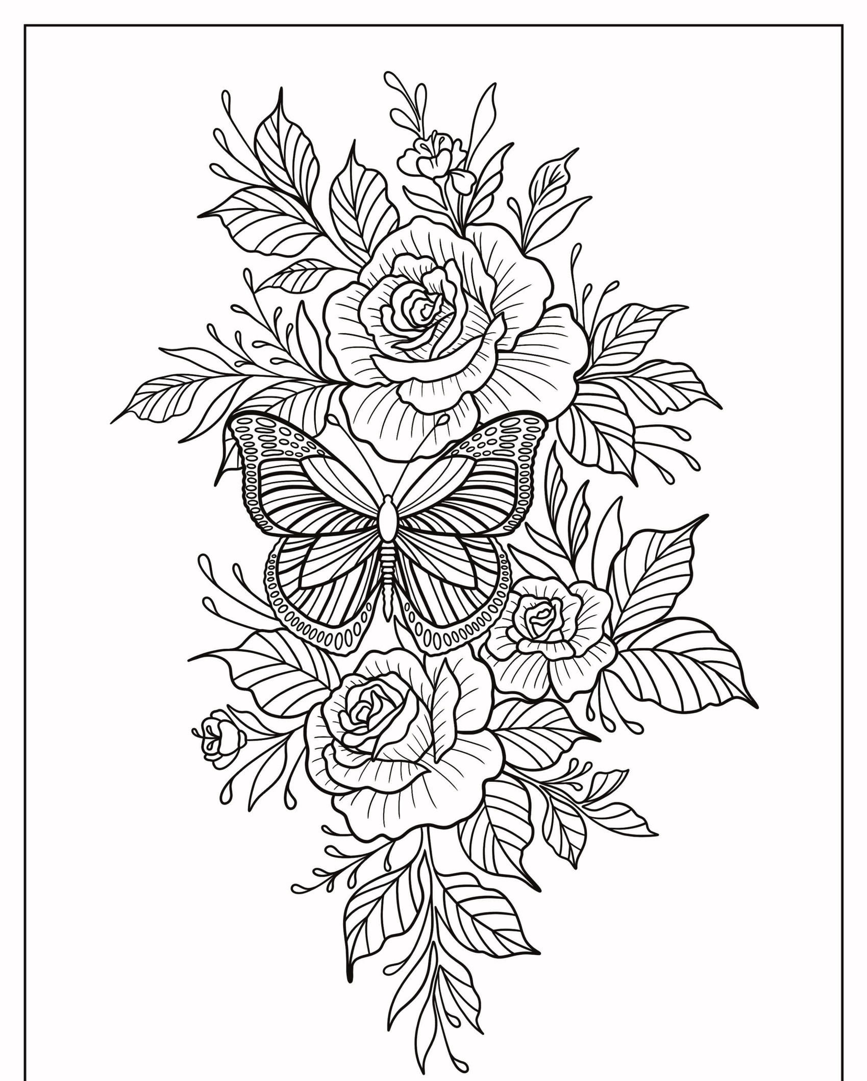 Desenho complexo de uma borboleta entre rosas e folhas, emoldurado por uma fina borda preta, perfeito para colorir. Para Colorir.