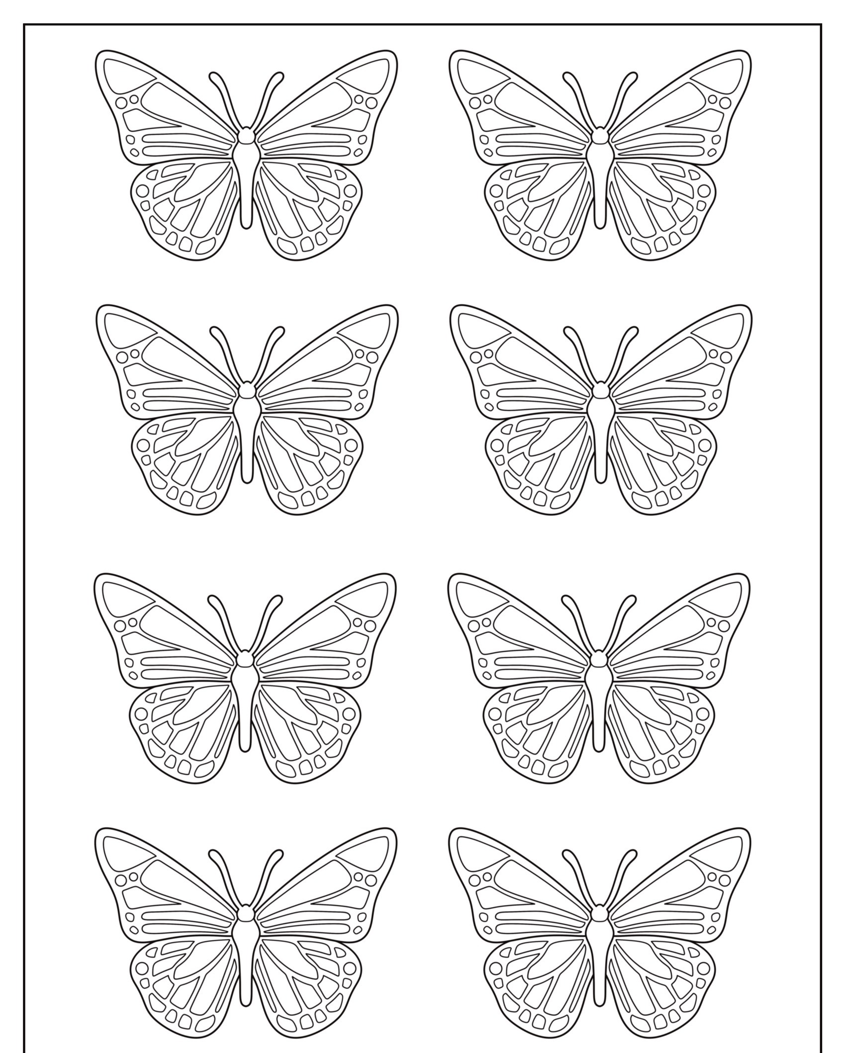 Desenho de borboleta em preto e branco para colorir, com oito borboletas idênticas dispostas em duas colunas de quatro. Para Colorir.