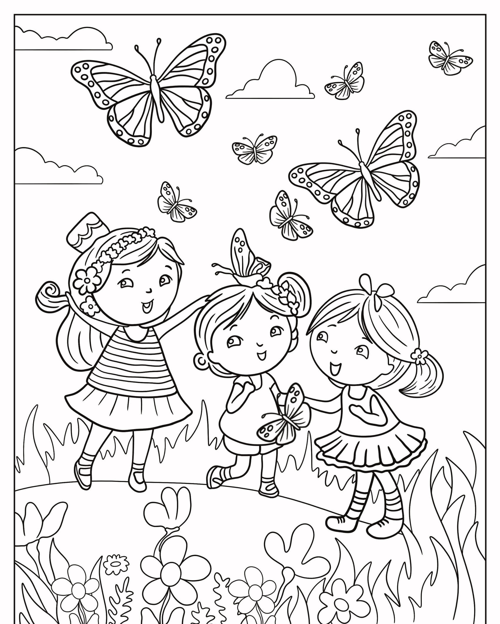 Três meninas brincando em um campo com borboletas e flores sob um céu com nuvens nesta ilustração em preto e branco de Desenho de Borboleta, perfeita para quem gosta de colorir. Para Colorir.