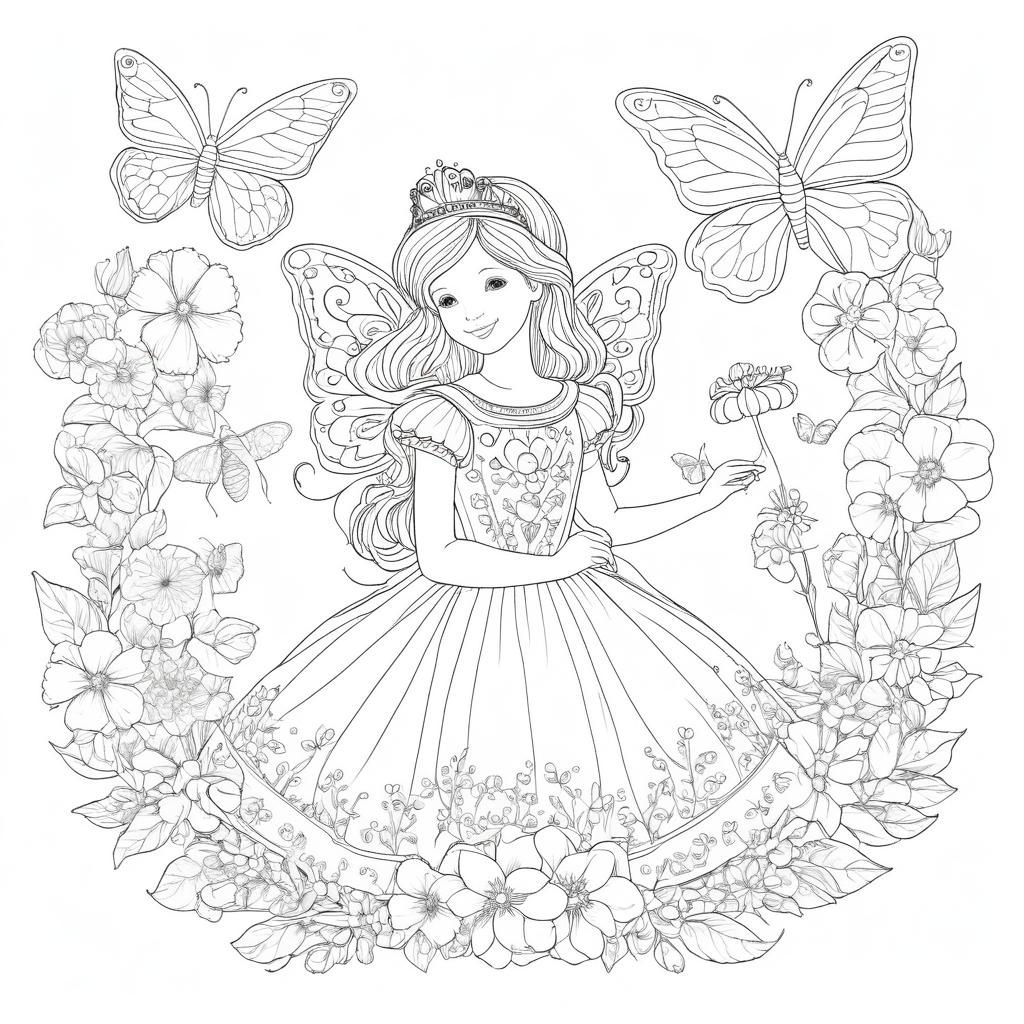 Uma princesa fada com asas, flores e borboletas em um desenho detalhado para você colorir. Para Colorir.