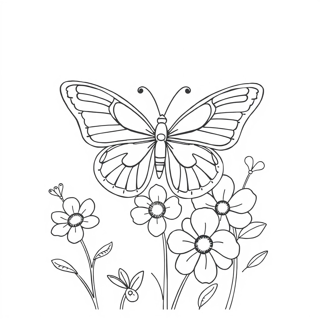 Uma borboleta voando sobre várias flores desabrochando em um desenho em preto e branco, perfeito para colorir. Para Colorir.