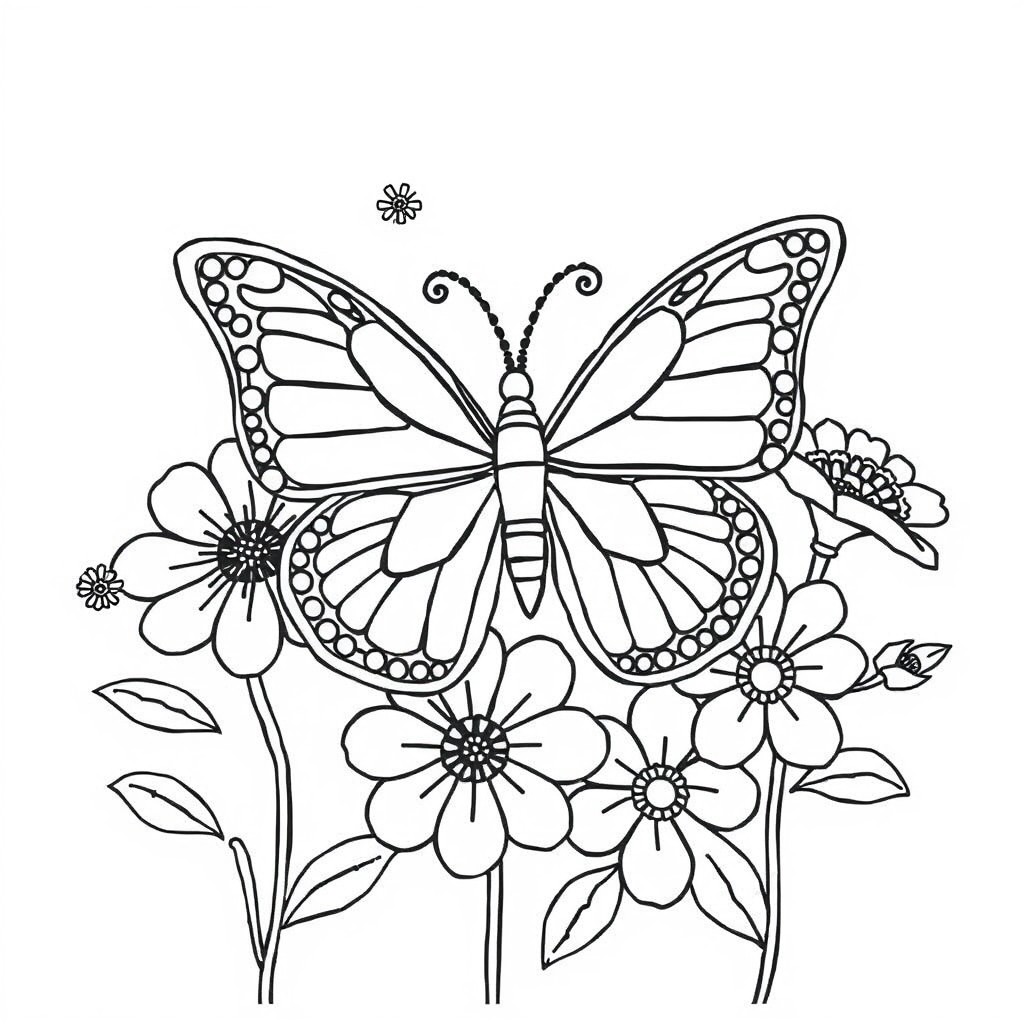 Um desenho de contorno em preto e branco de uma borboleta para colorir em flores. Para Colorir.