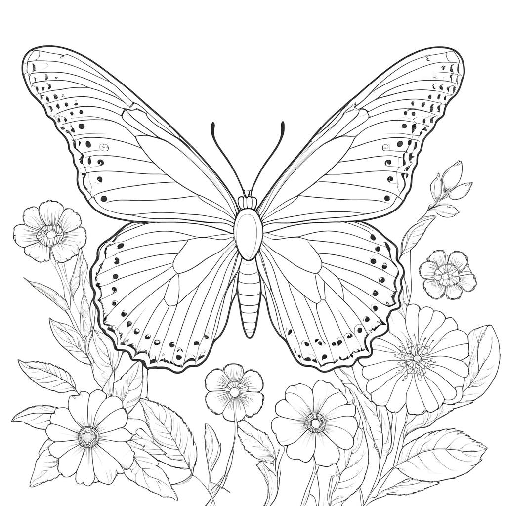 Um desenho detalhado de uma borboleta, ou "borboleta", cercada por flores e folhas, perfeita para colorir. Para Colorir.