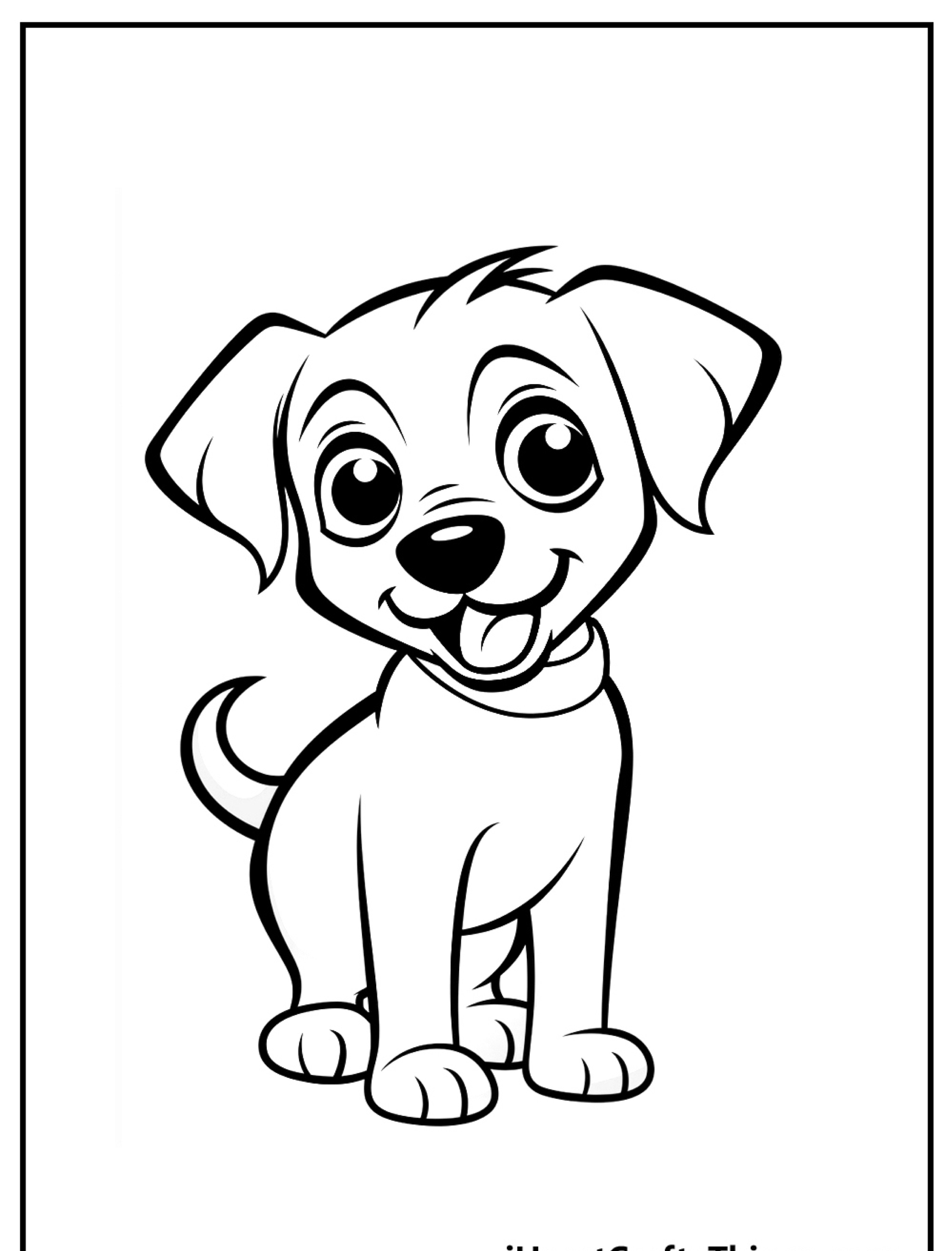 Um desenho de um cachorro sentado e sorrindo com a língua de fora, envolto em uma moldura retangular simples, perfeito para colorir.