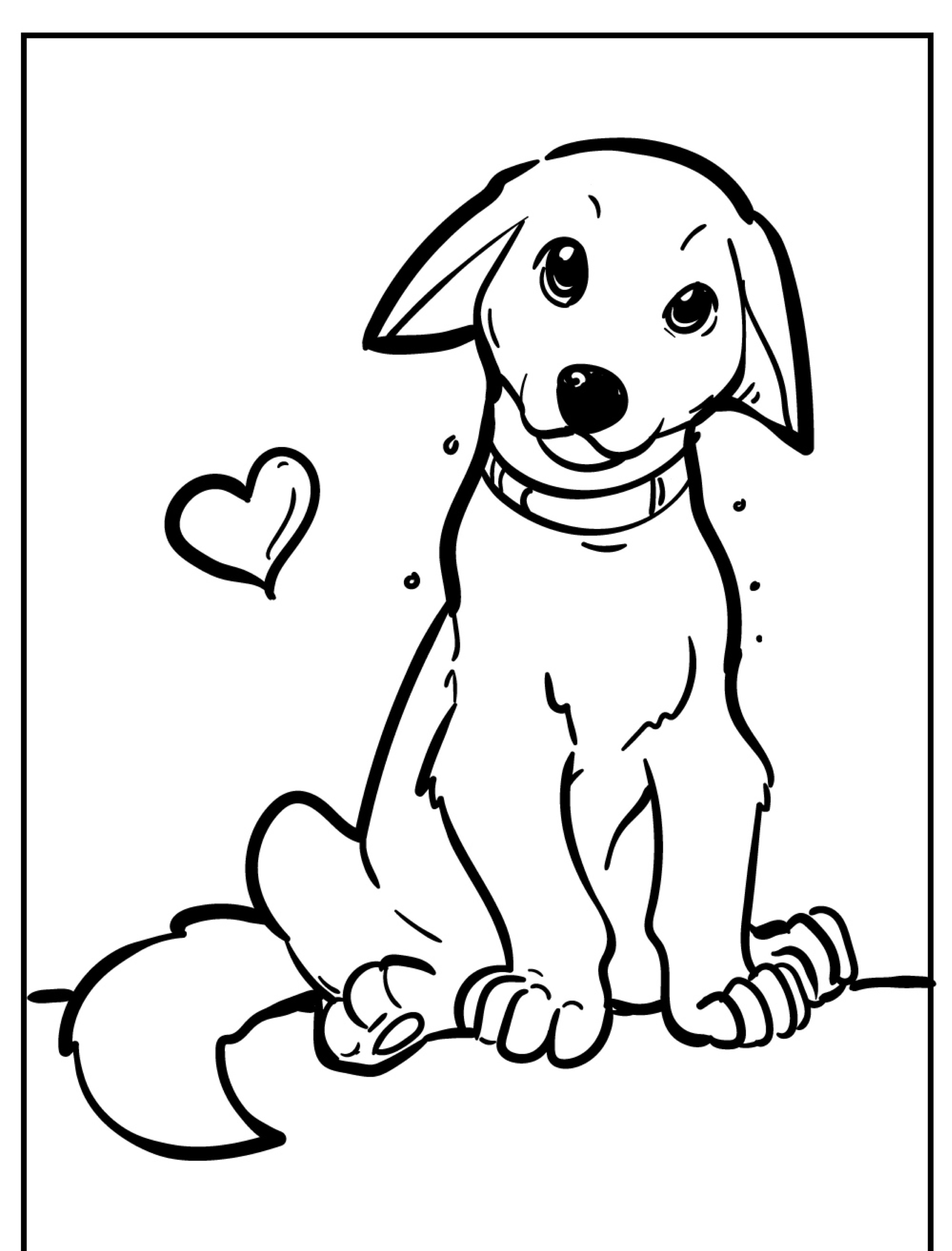 Desenho de contorno de um cachorro feliz com um ícone de coração próximo, sentado com a cabeça inclinada, perfeito para crianças colorirem e se divertirem.