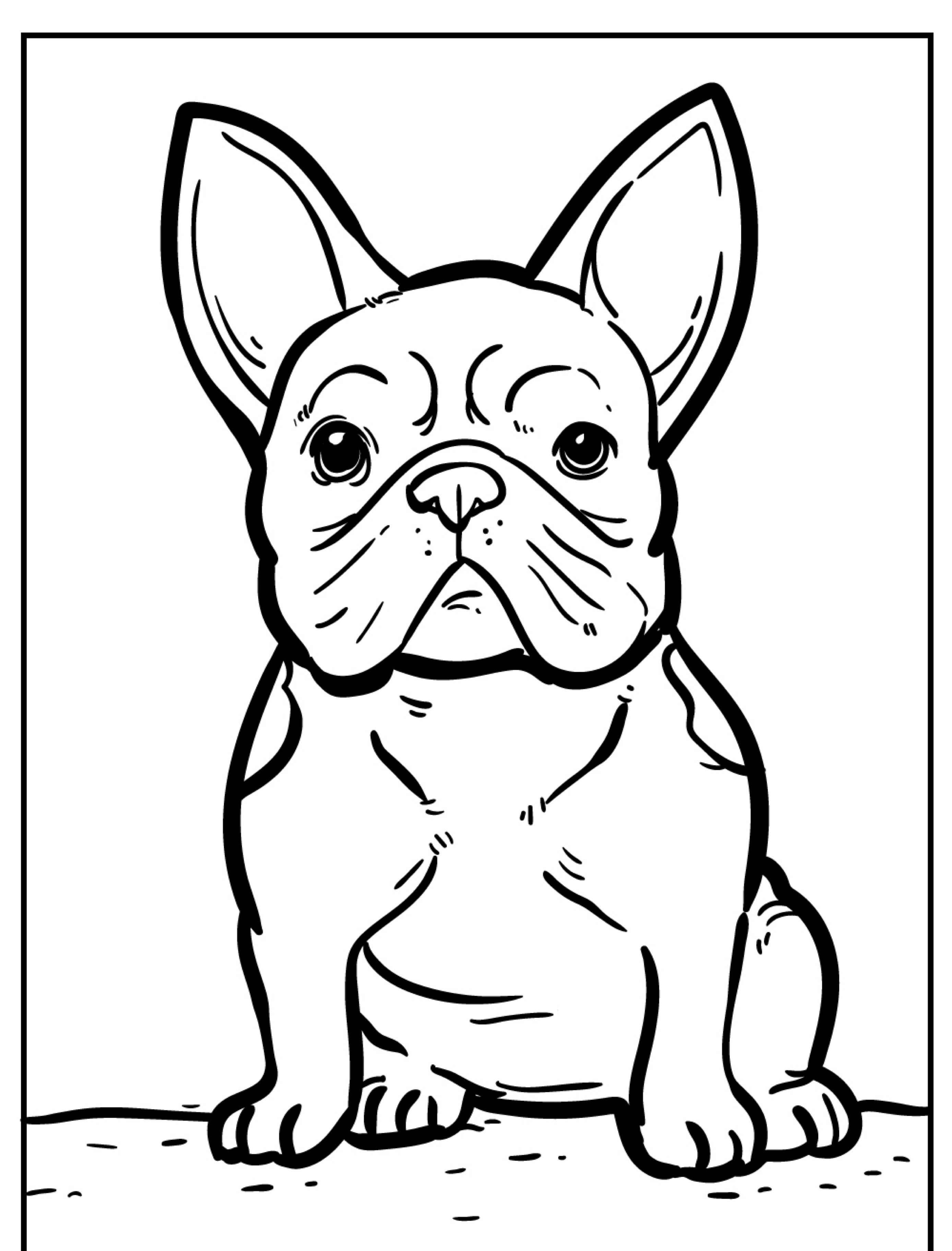 Um desenho em preto e branco de um buldogue francês sentado e olhando para frente, perfeito para entusiastas de colorir.