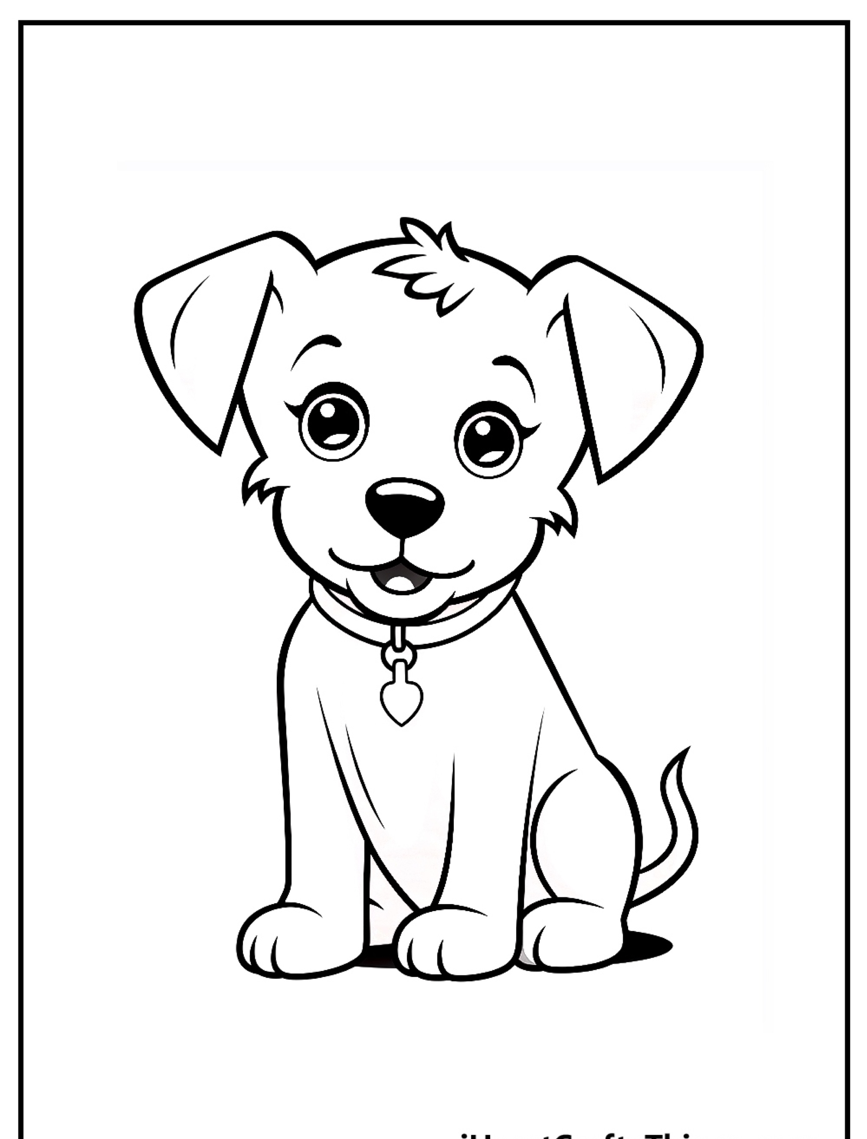 Um simples desenho de cachorro em preto e branco de um cachorrinho sorridente sentado, usando uma coleira com uma etiqueta em formato de coração, perfeito para colorir.