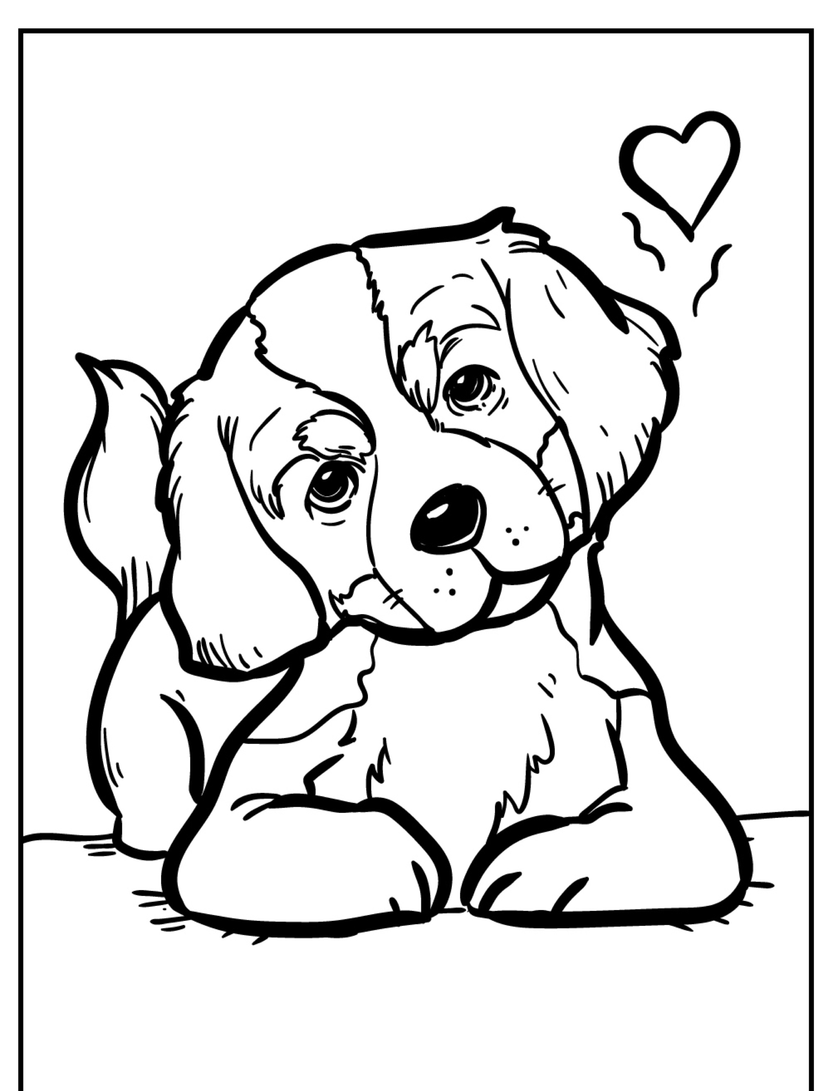 Um lindo desenho de cachorro deitado com o símbolo de um coração acima da cabeça, perfeito para colorir.