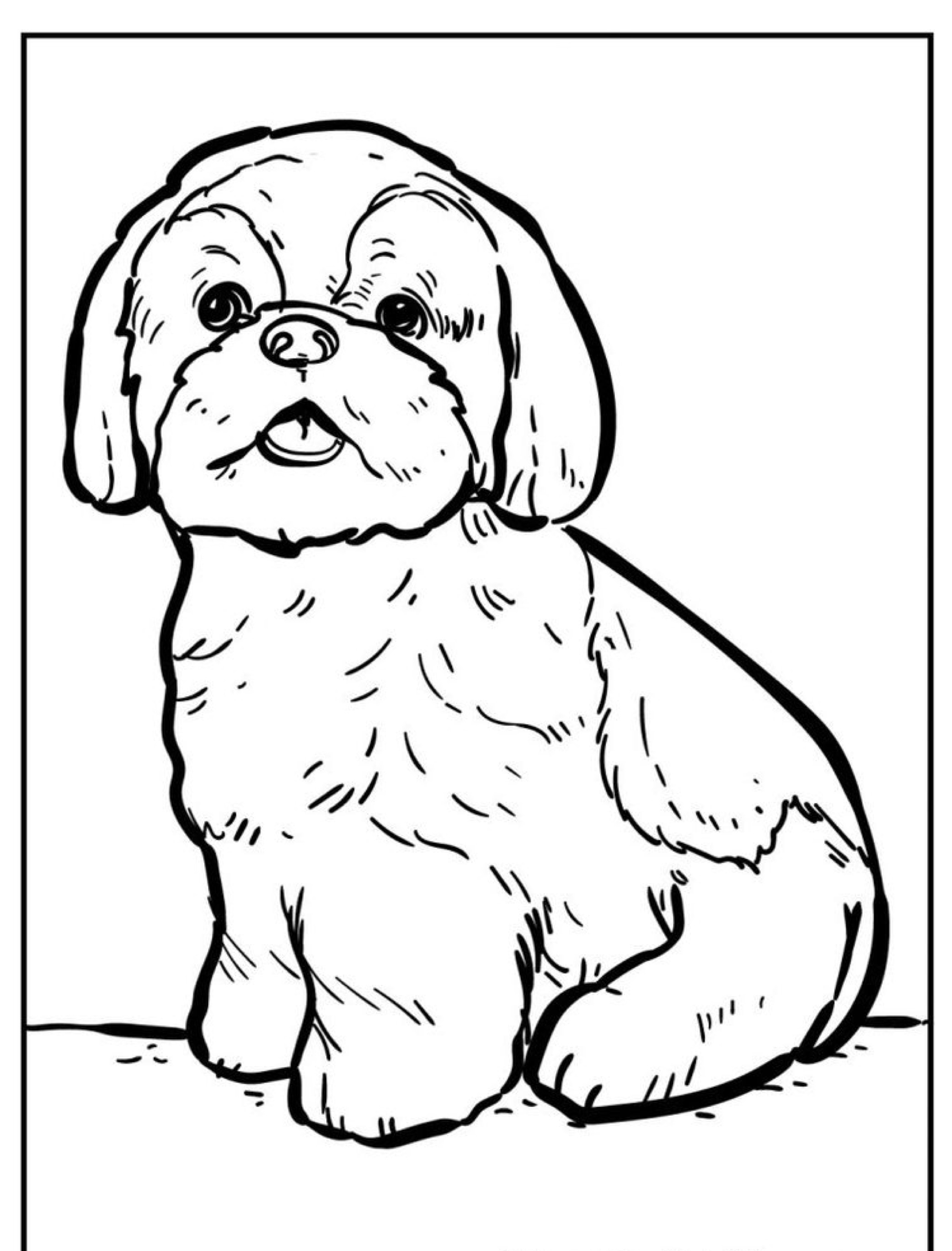 Uma ilustração em preto e branco de um cachorrinho pequeno e fofo sentado e olhando para frente, perfeito como um desenho de cachorro para colorir.