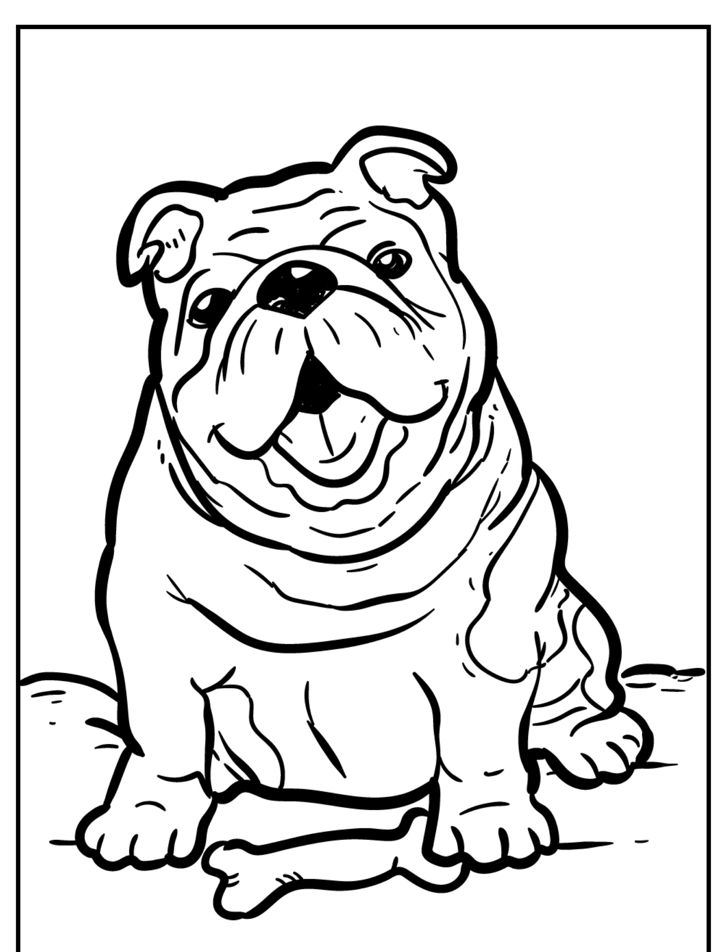 Um buldogue sentado feliz olha para a frente com um osso na frente, capturado em um desenho de cachorro para colorir em preto e branco.