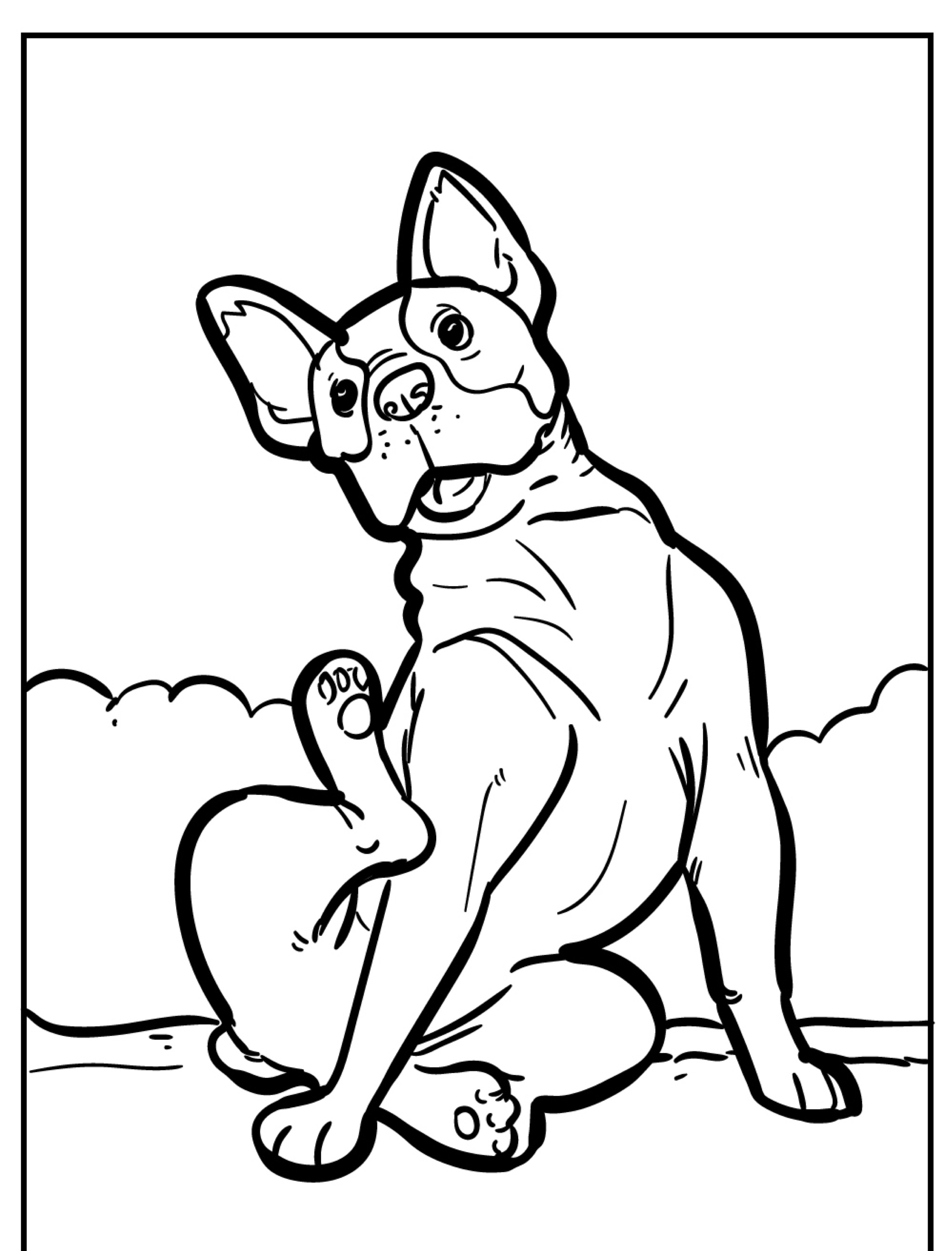 Um cachorro de desenho animado, lembrando um desenho clássico de cachorro, sentado com uma perna levantada, coçando a orelha com a pata traseira, contra um fundo simples.