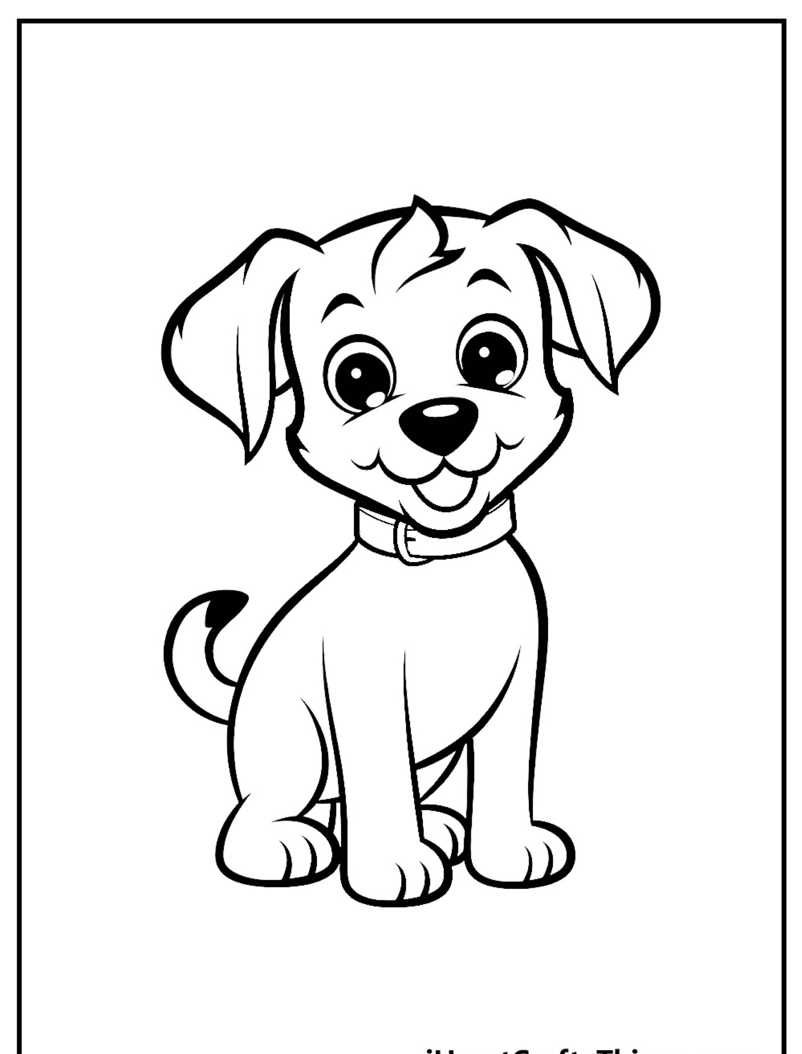 Um *desenho para colorir* em preto e branco de um cachorrinho feliz sentado e sorrindo, com uma coleira no pescoço.