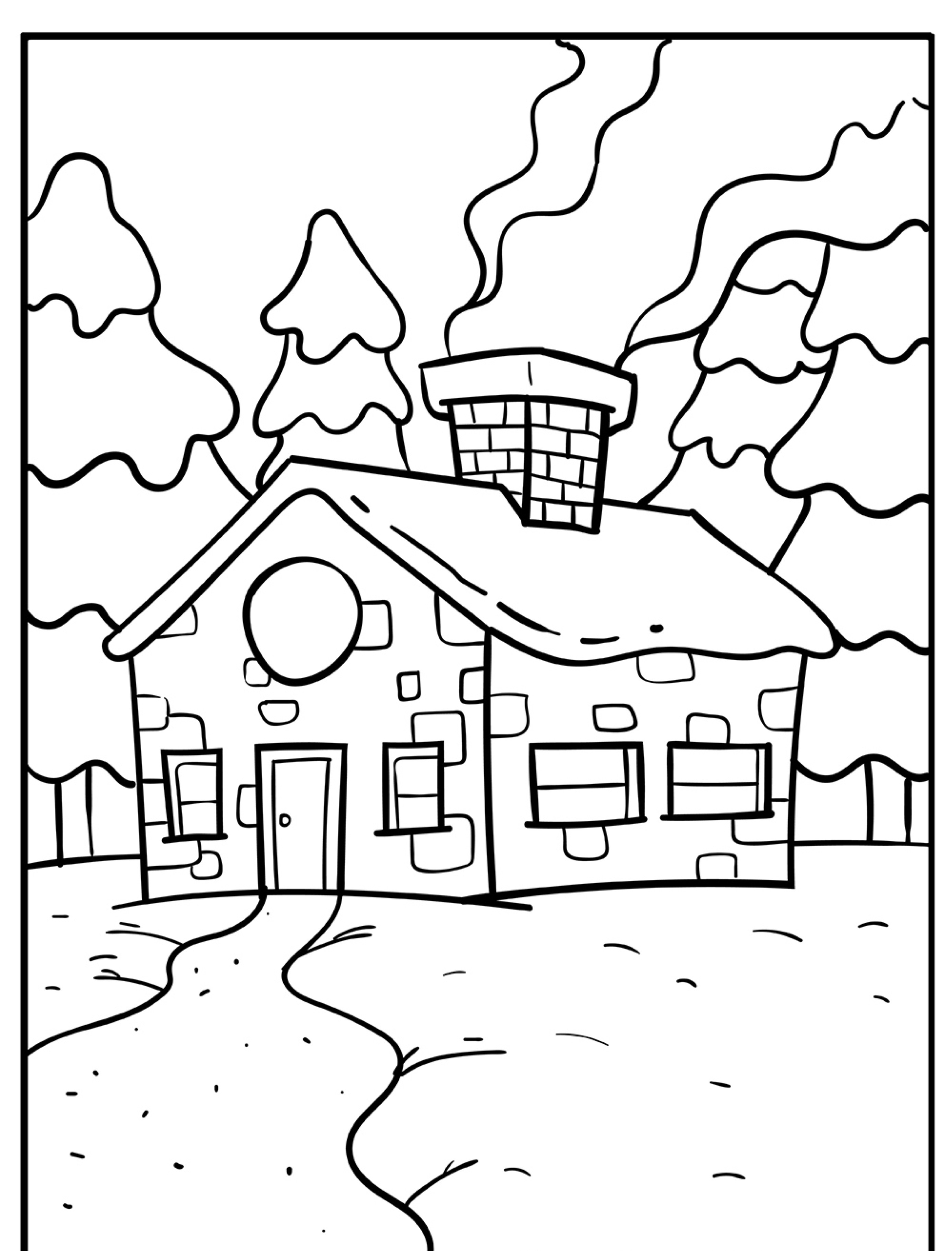 Desenho de casa em preto e branco, perfeito para colorir, apresentando uma casa aconchegante com fumaça saindo da chaminé, cercada por árvores em uma paisagem nevada.