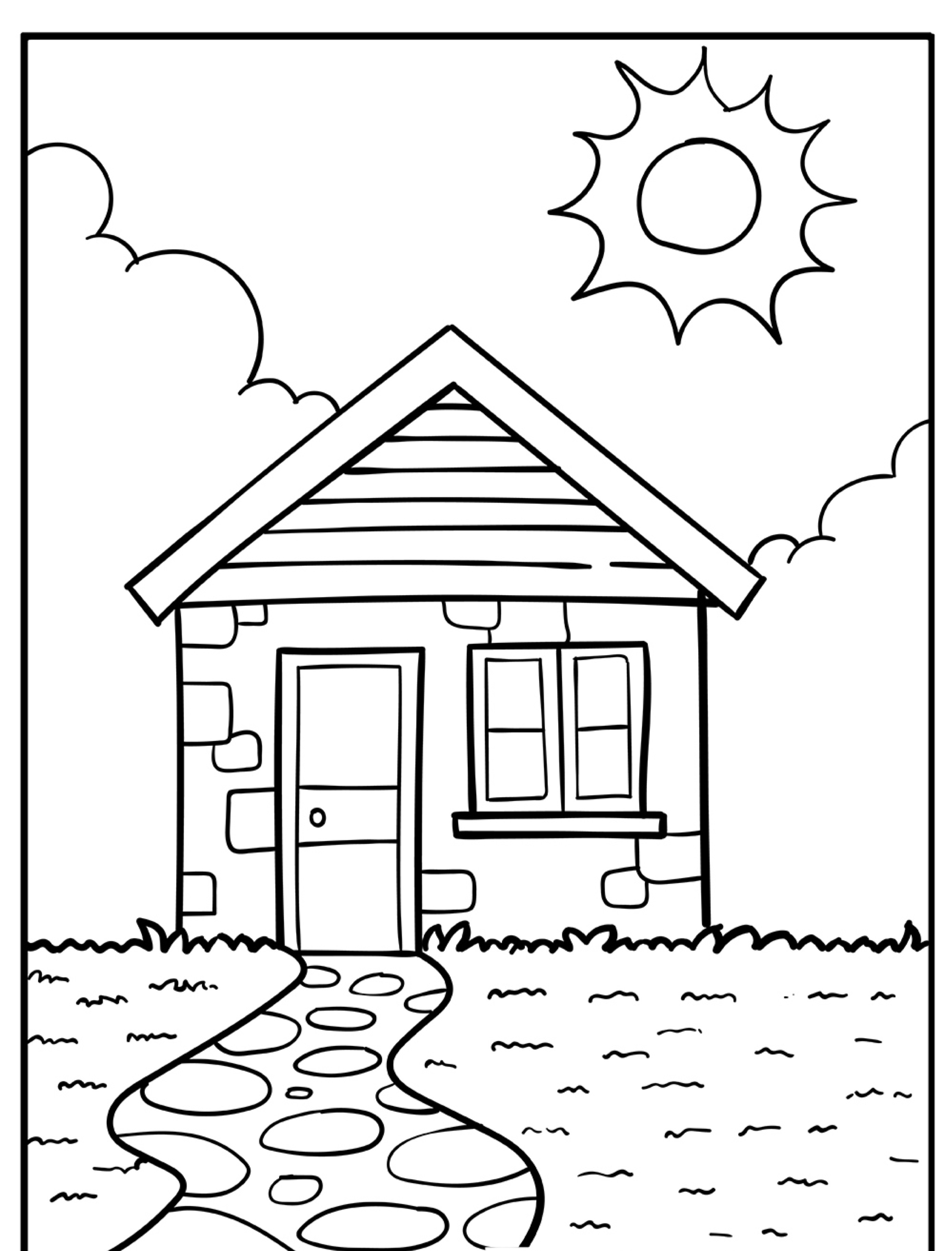 Um Desenho para Colorir apresentando uma pequena casa com um caminho, grama, nuvens e o sol ao fundo.