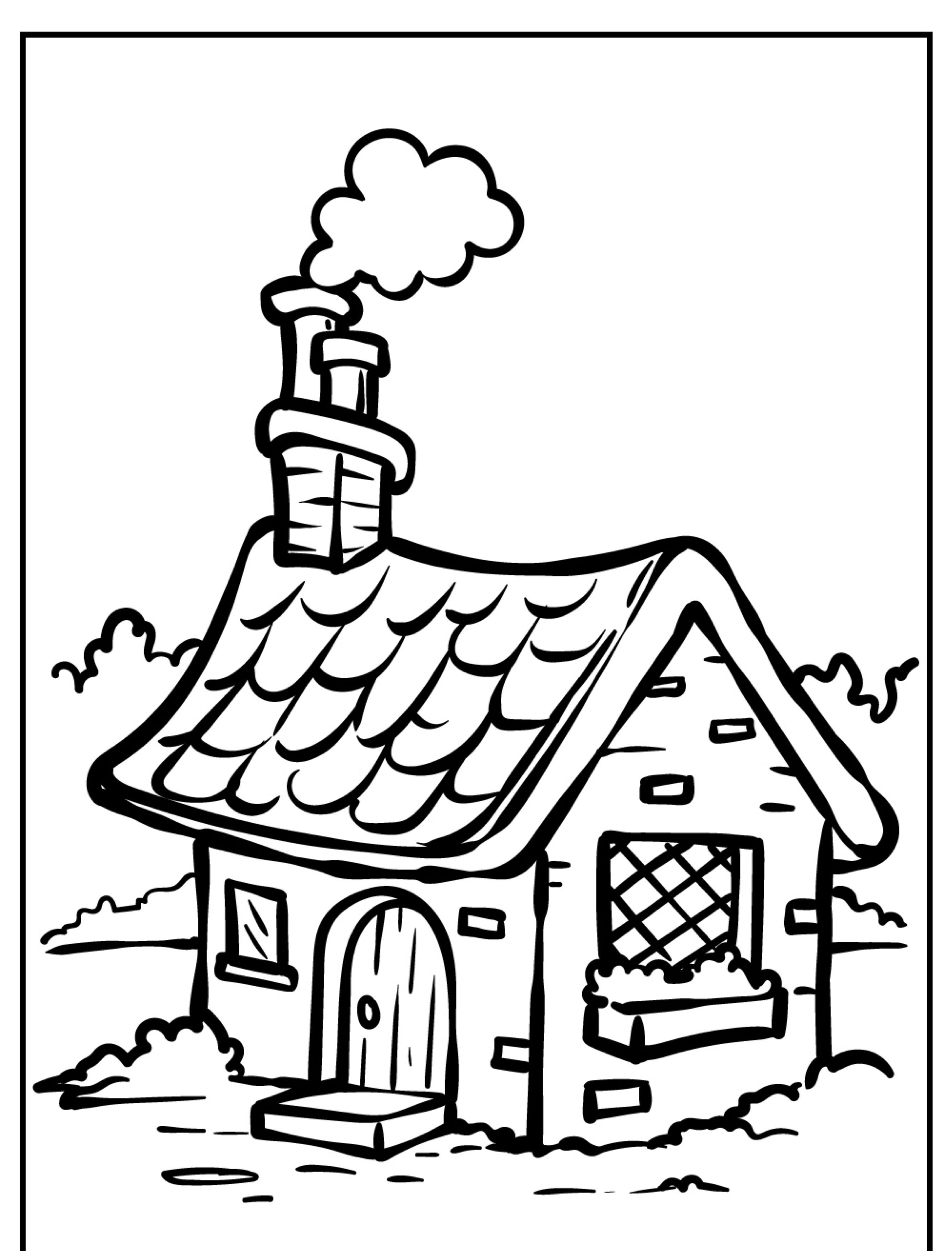 Ilustração em preto e branco de uma casa pequena e caprichosa com uma chaminé, porta em arco e janelas. Desenho de Casa perfeito para colorir.