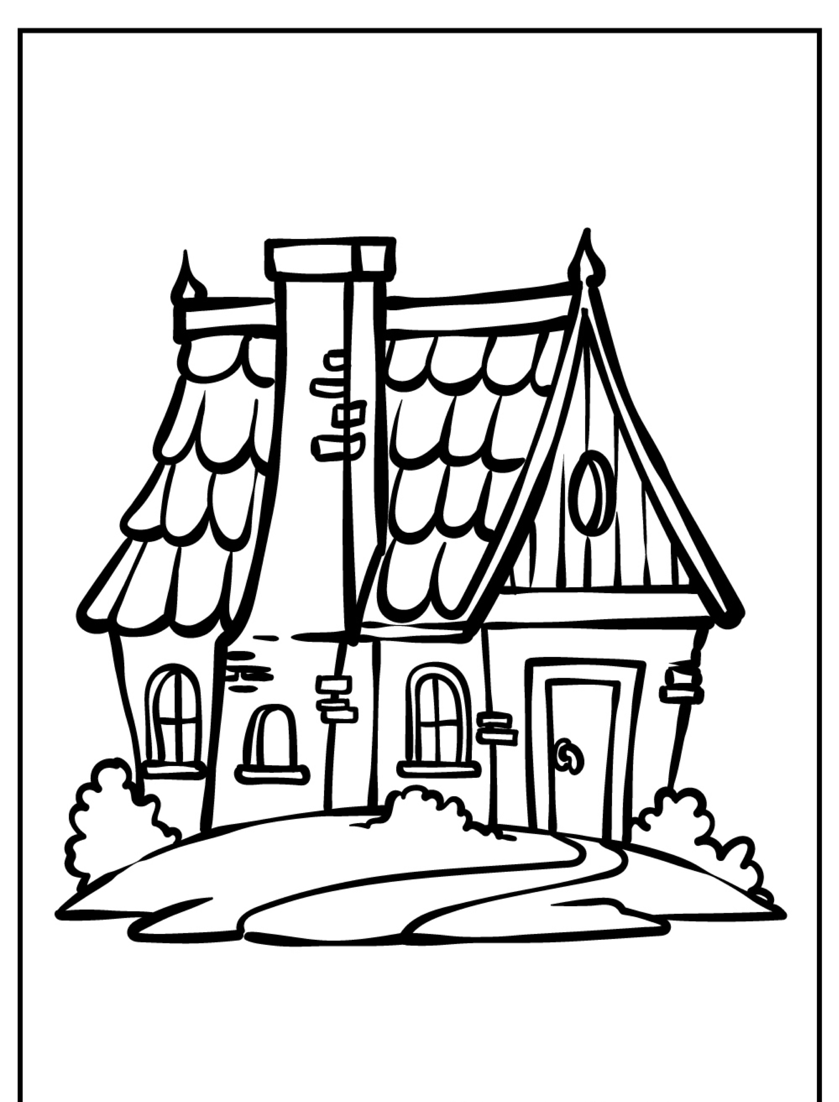 Desenho de casa: Ilustração em preto e branco de uma pequena casa tipo chalé com uma chaminé alta e arbustos ao redor, perfeito para colorir.