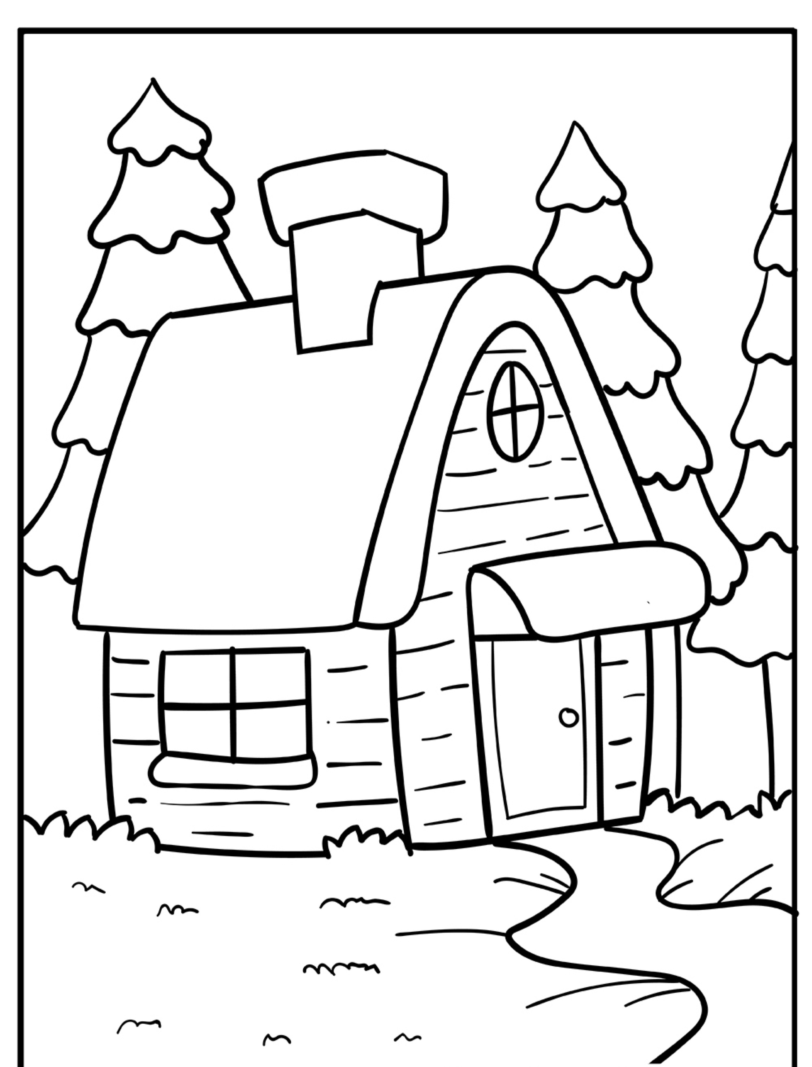 Um desenho simples de uma pequena casa com telhado curvo, chaminé e árvores ao fundo, perfeito para colorir.