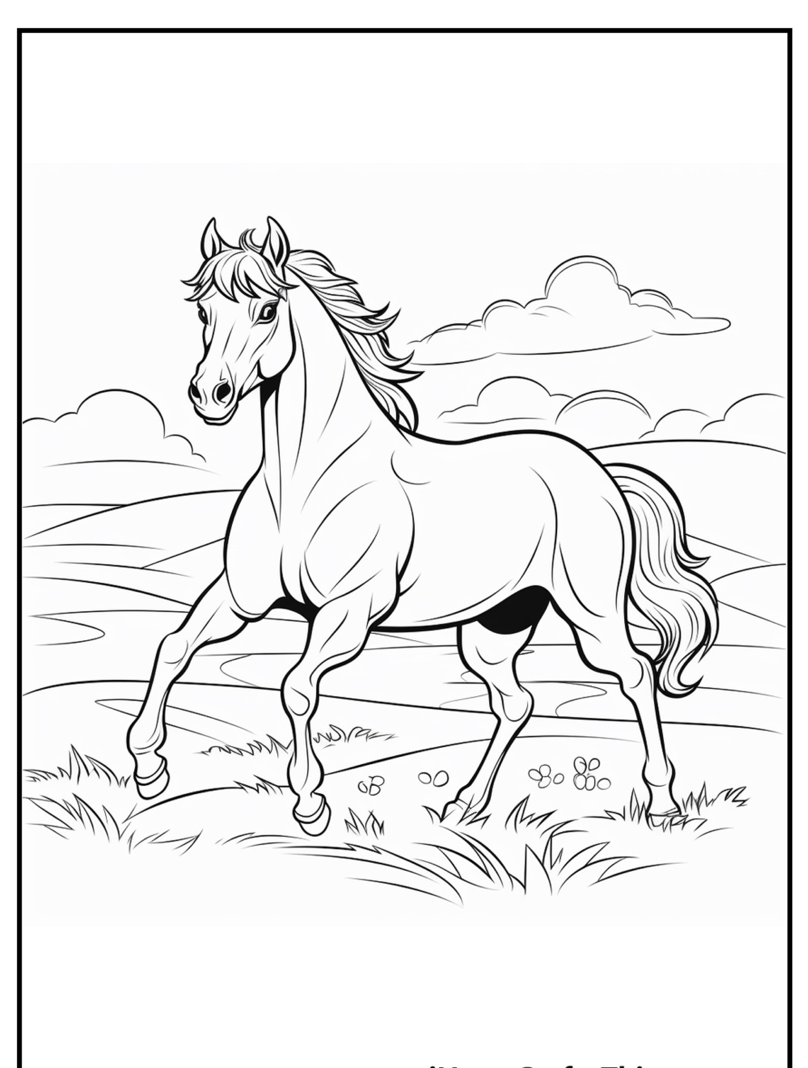 Um desenho de um cavalo parado em um campo gramado com colinas e nuvens ao fundo, perfeito para colorir.