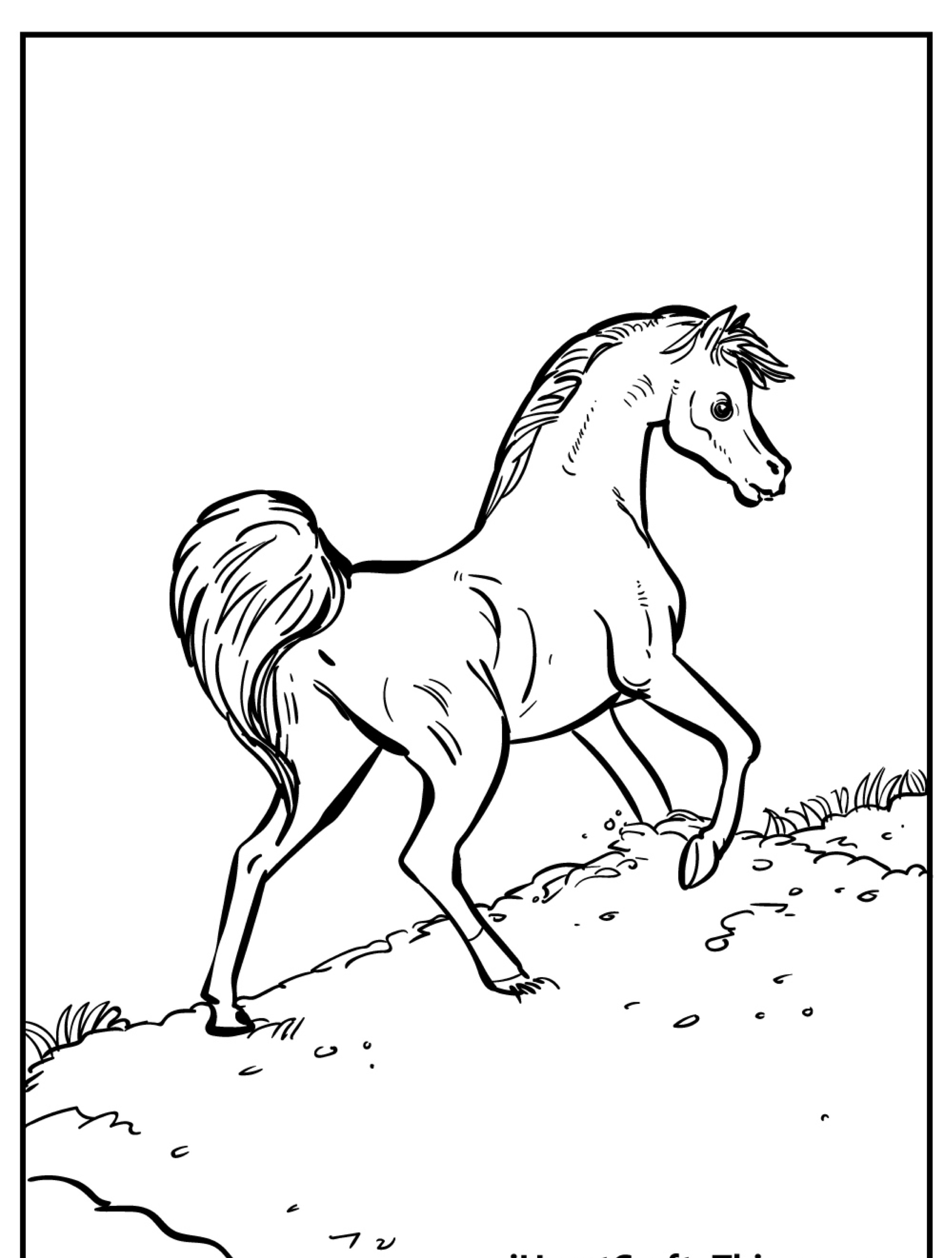 Um desenho em preto e branco de um cavalo empinando-se em uma colina gramada, perfeito para colorir.