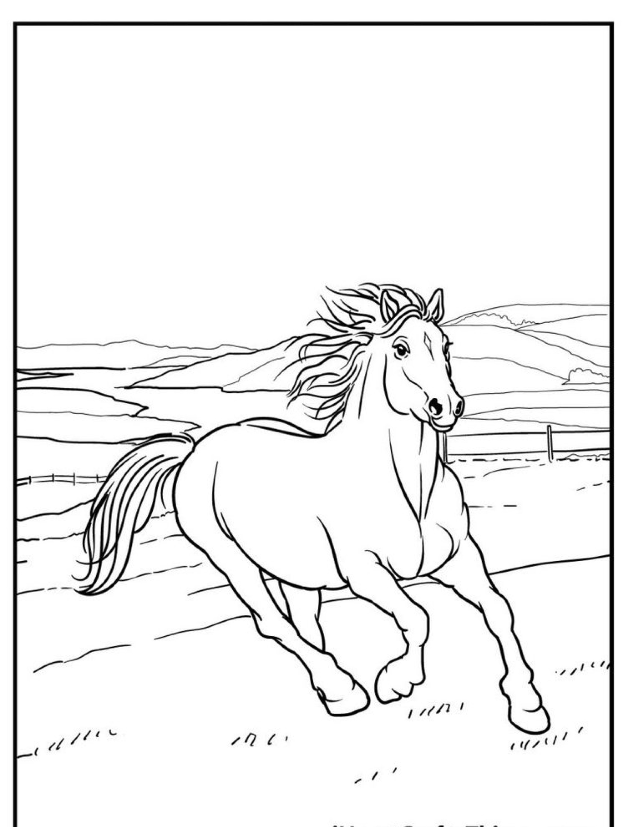 Uma página para colorir de um cavalo correndo livremente em um campo aberto, com colinas e uma cerca ao fundo, perfeita para entusiastas de desenho que amam colorir.