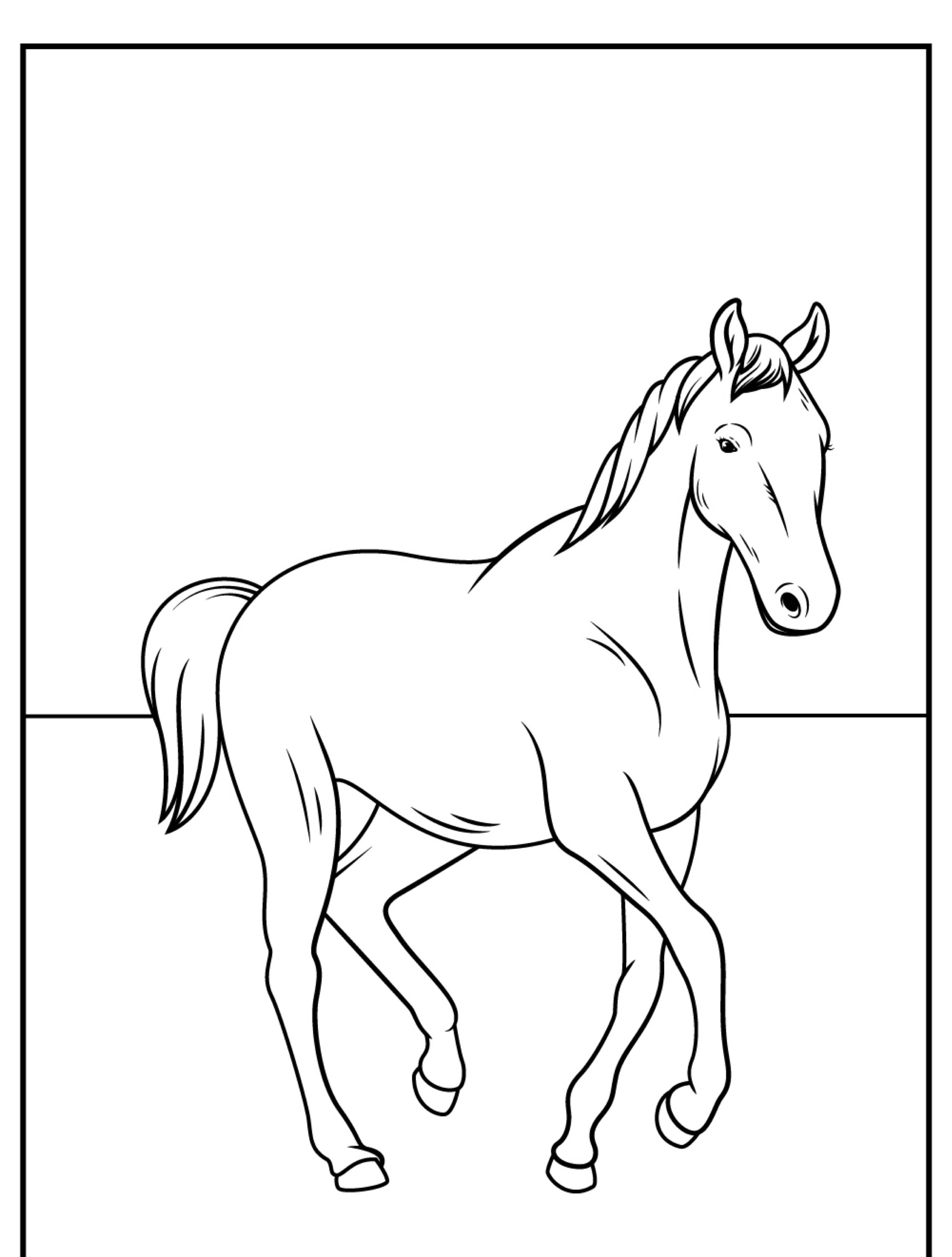 Esboço de um cavalo galopando com sua perna dianteira direita levantada, contra um fundo simples. Perfeito para uma atividade de desenho de cavalo ou cavalo para colorir.