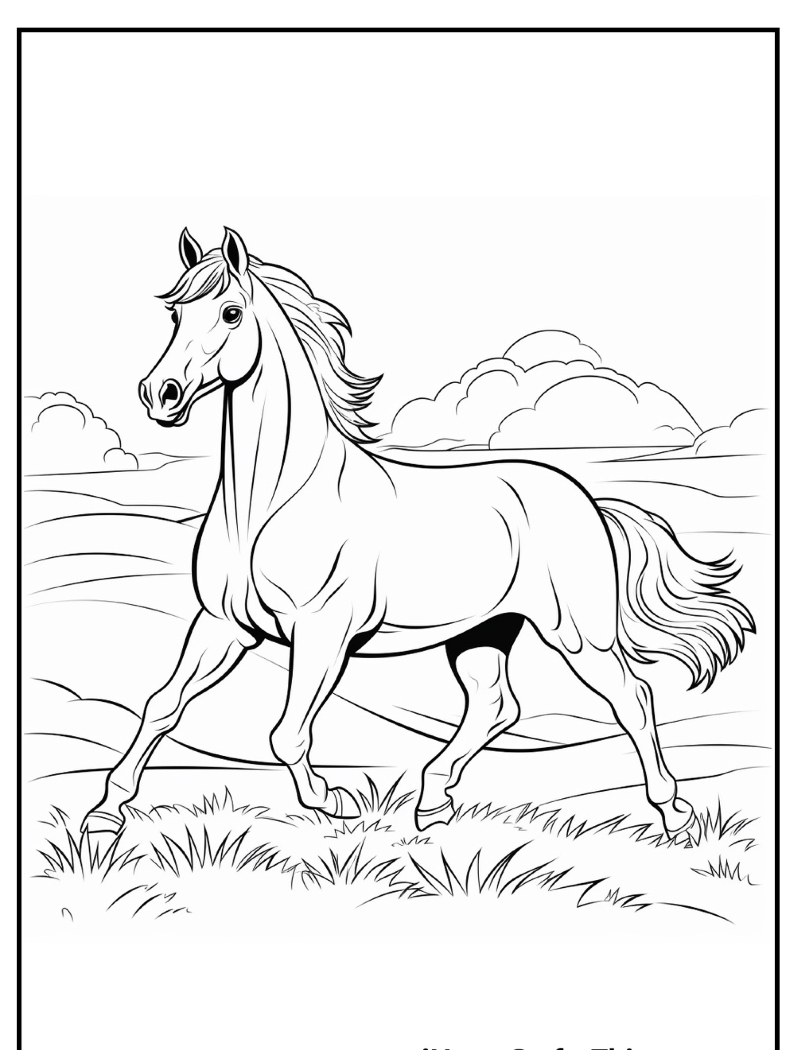 Um desenho de um cavalo para colorir correndo em um campo com colinas e nuvens ao fundo.