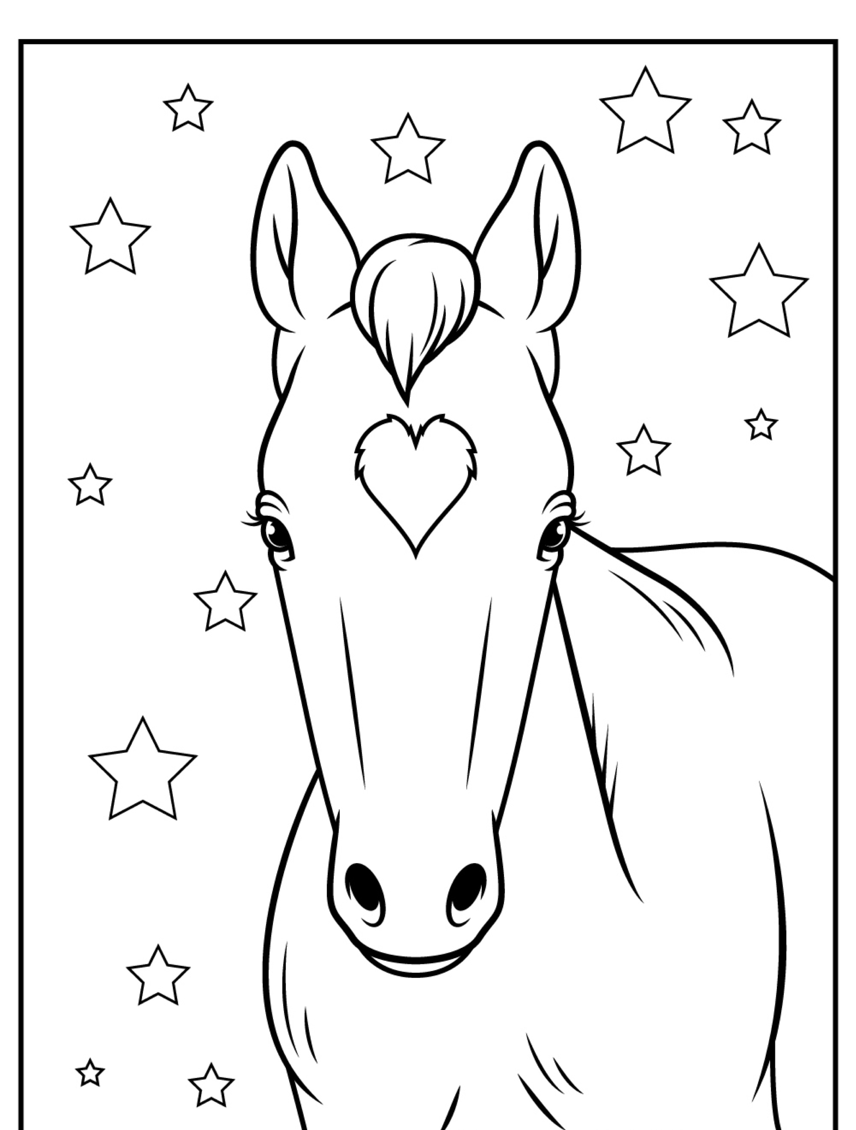 Desenho de cavalo com um coração na testa, cercado por estrelas. Ótimo para colorir!