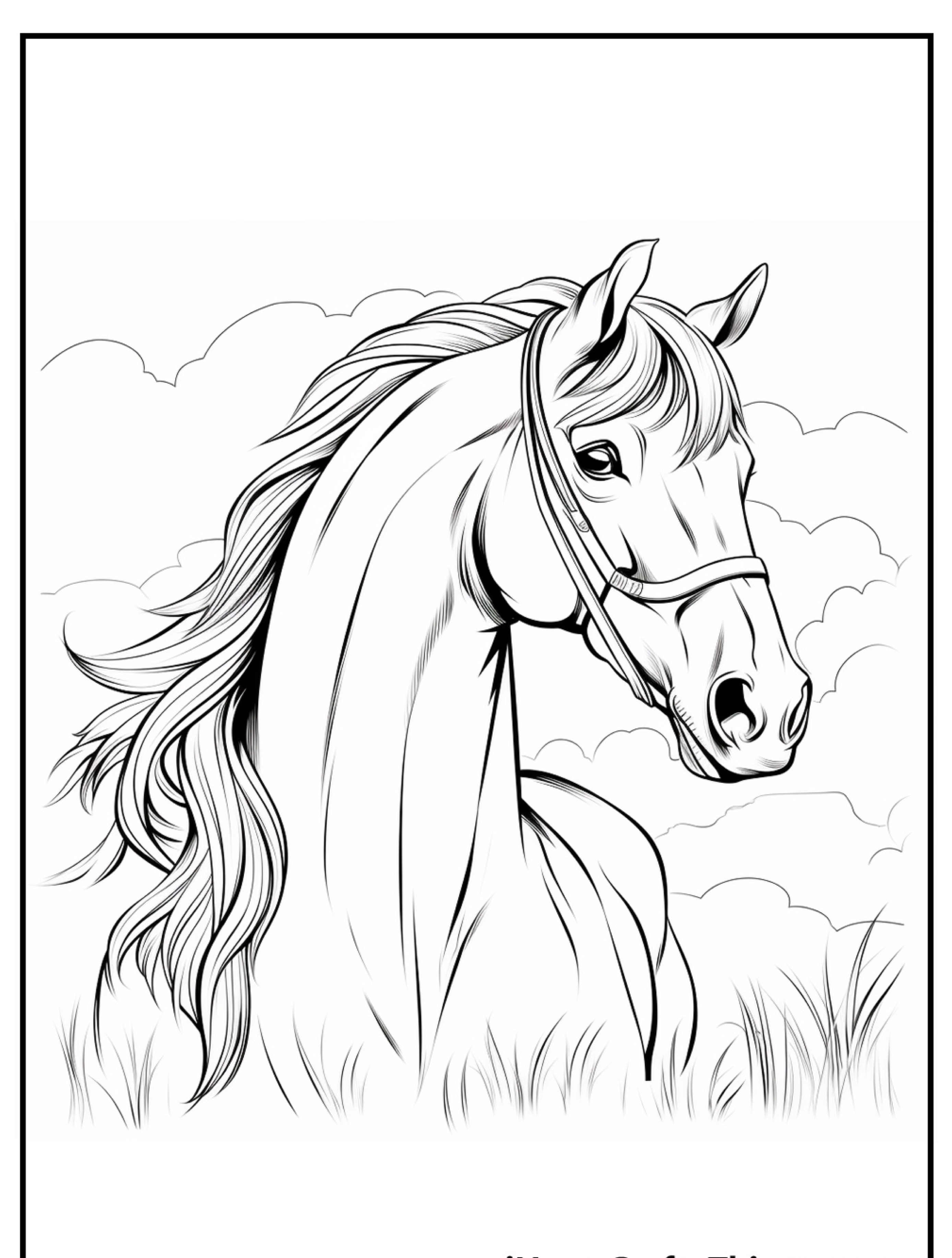 Ilustração em preto e branco de um cavalo com crina esvoaçante, em um fundo de nuvens e grama alta, perfeito como um desenho de cavalo para colorir.