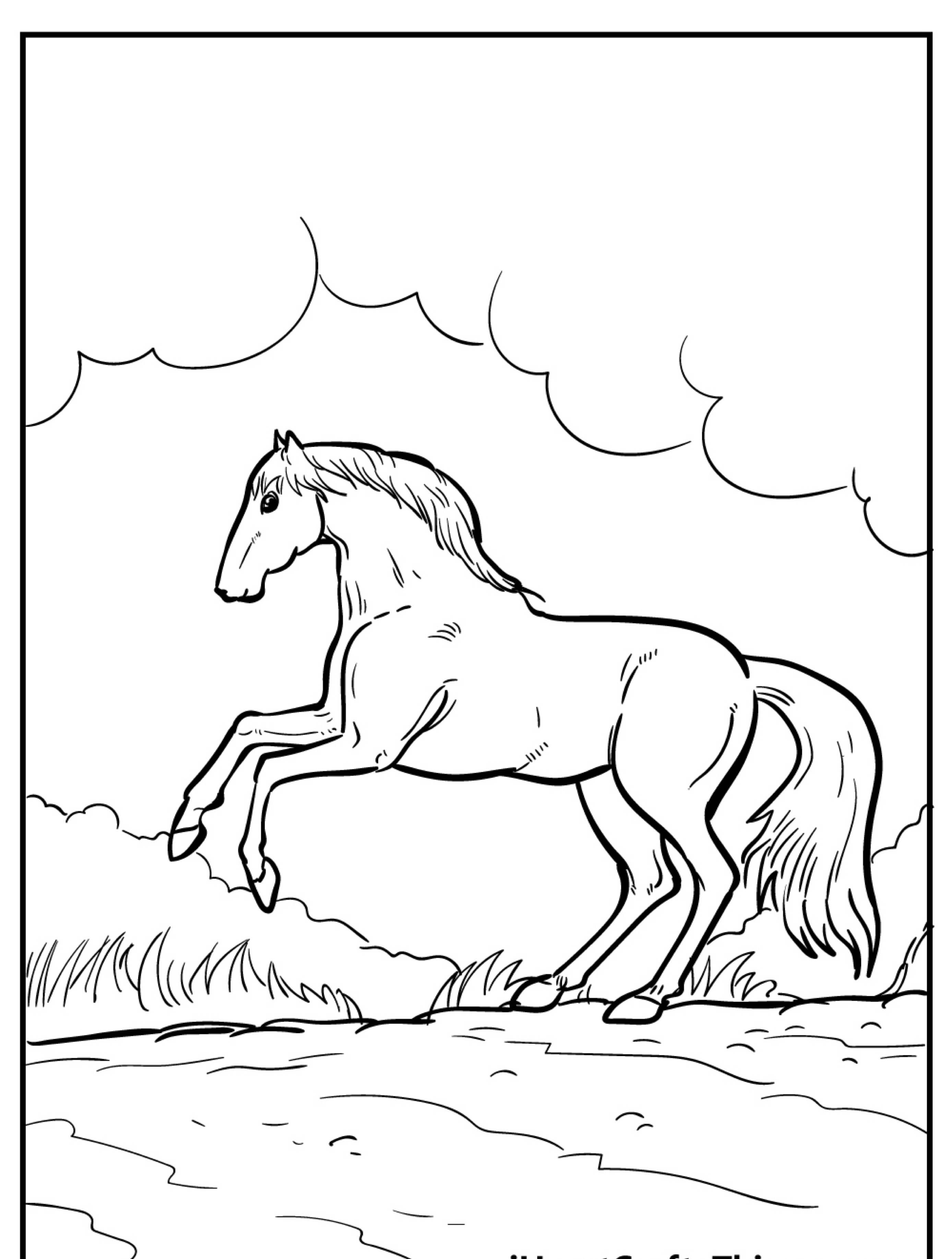 Um cavalo empinando-se sobre as patas traseiras em um campo aberto com nuvens ao fundo, perfeito para um desenho de cavalo.