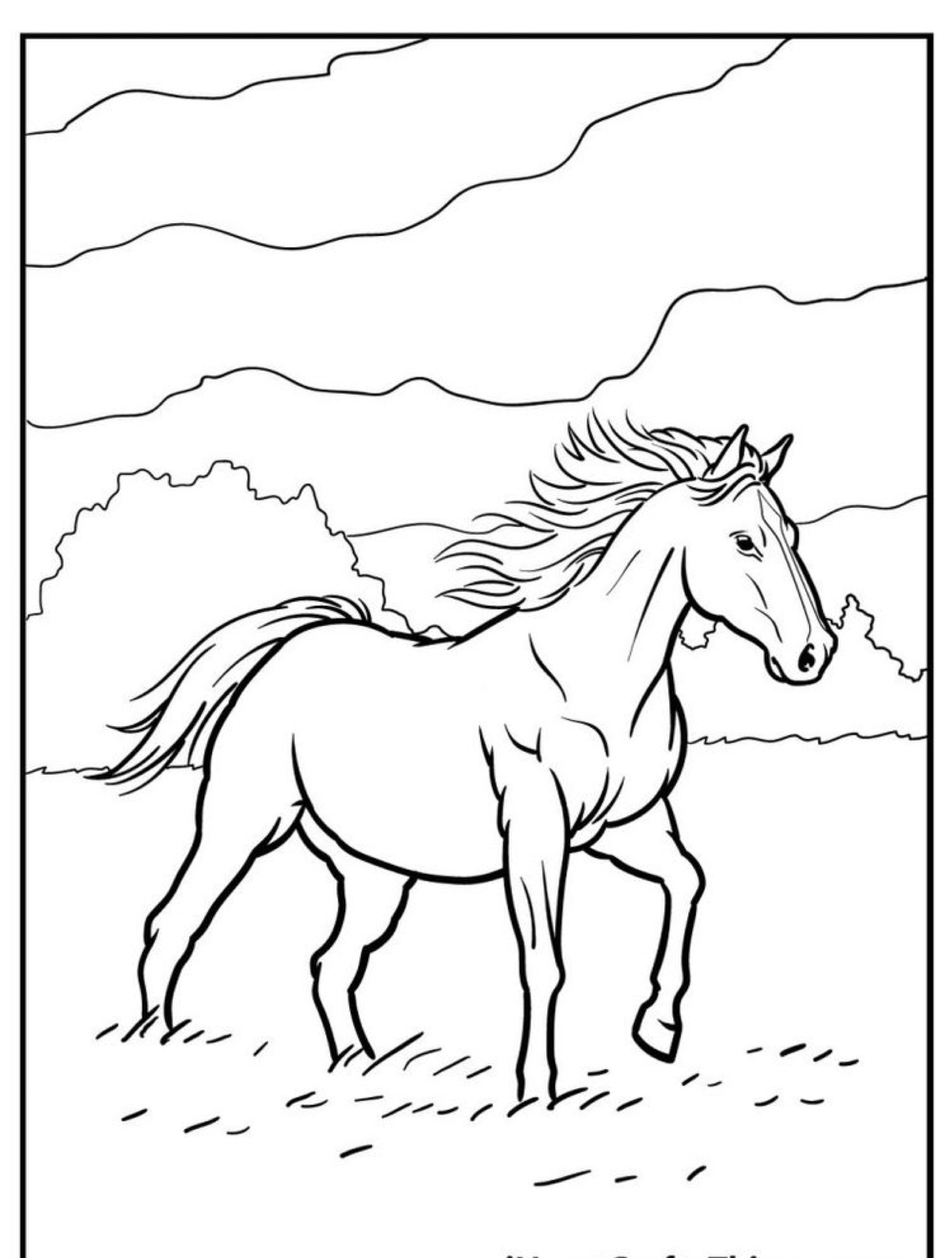 Desenho de um cavalo trotando graciosamente em um campo, com árvores e um céu parcialmente nublado ao fundo, perfeito para colorir.