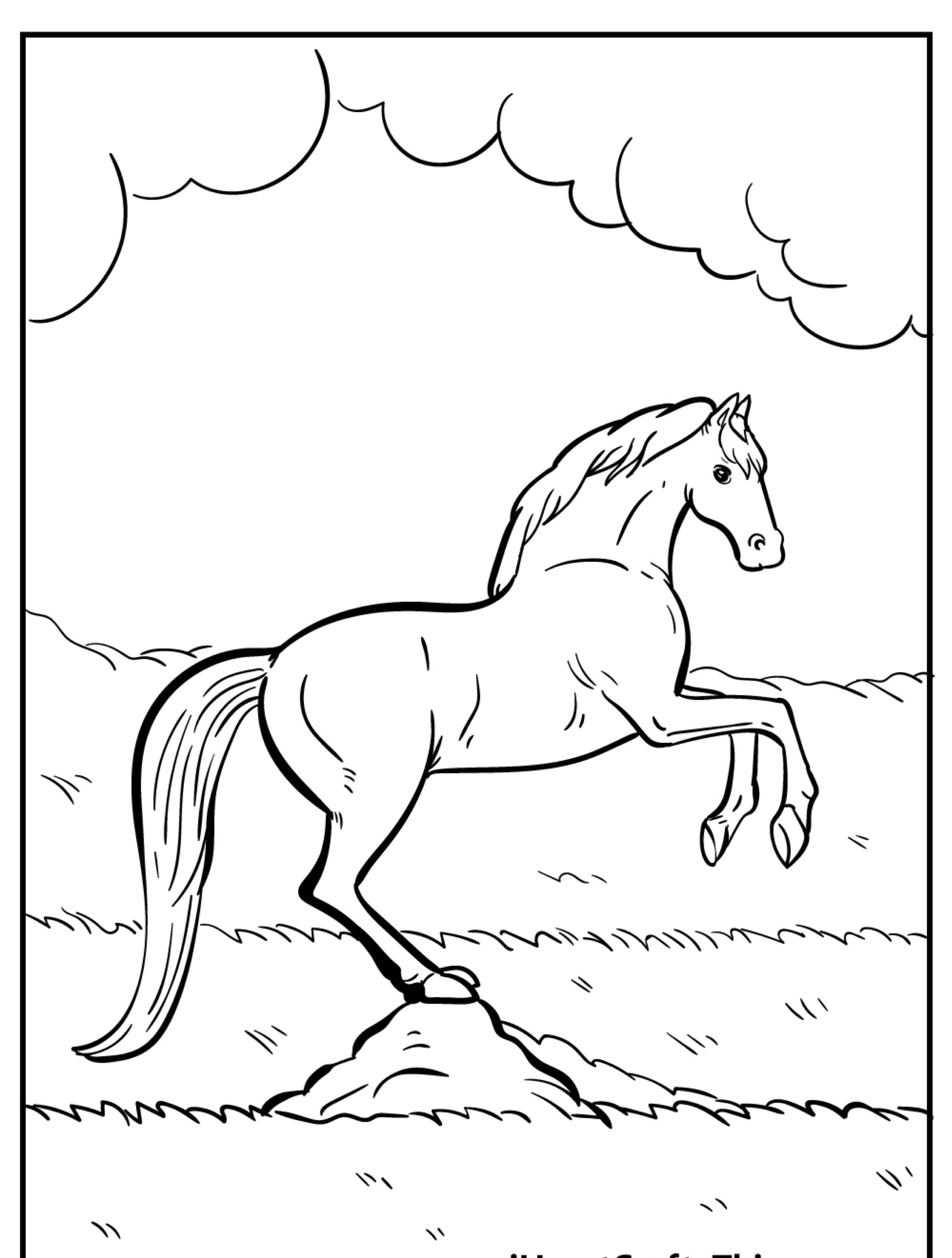 Desenho de cavalo empinando sobre uma colina com nuvens no céu, ideal para cavalo para colorir.