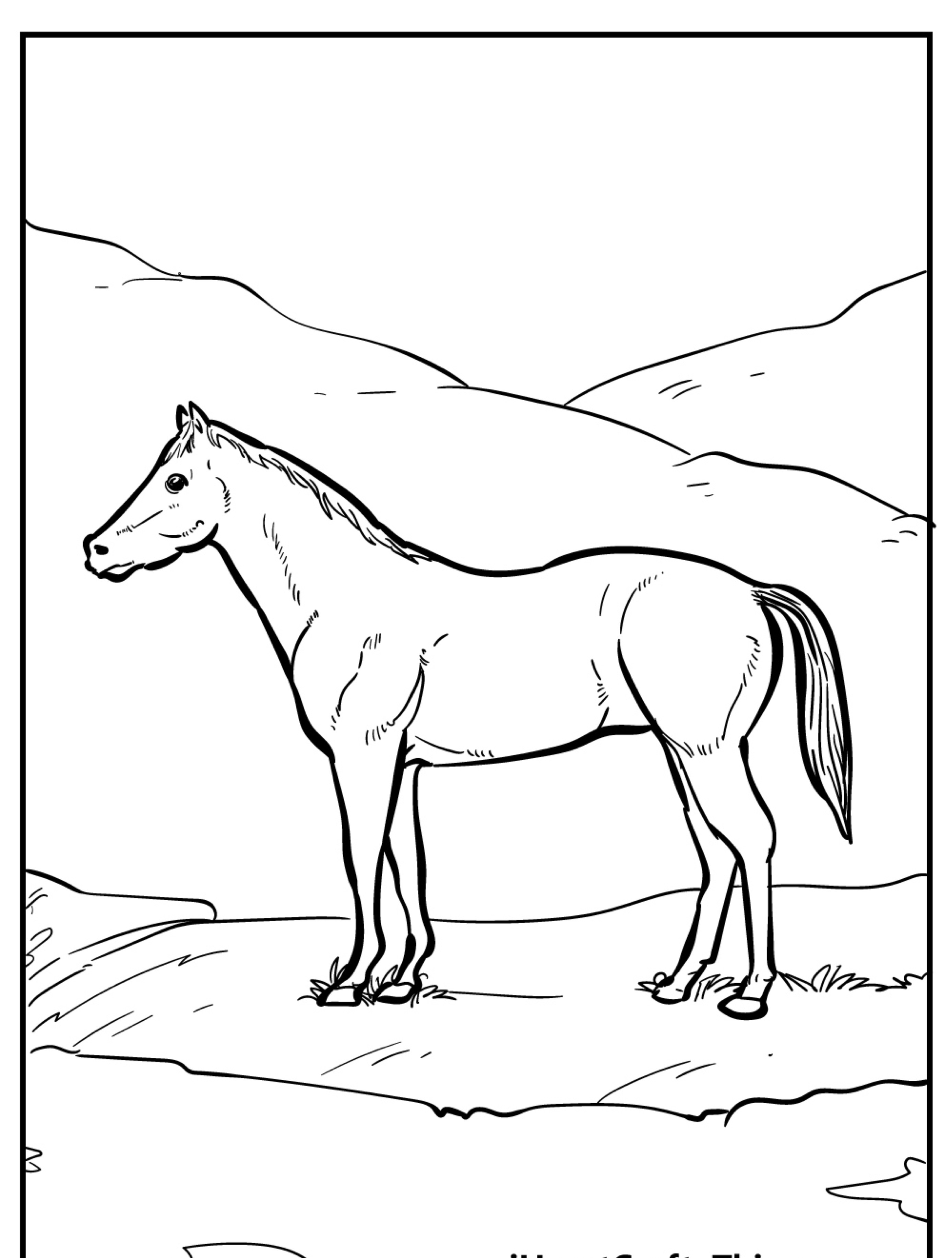 Um desenho de cavalo em preto e branco sobre uma colina gramada com montanhas ao fundo.