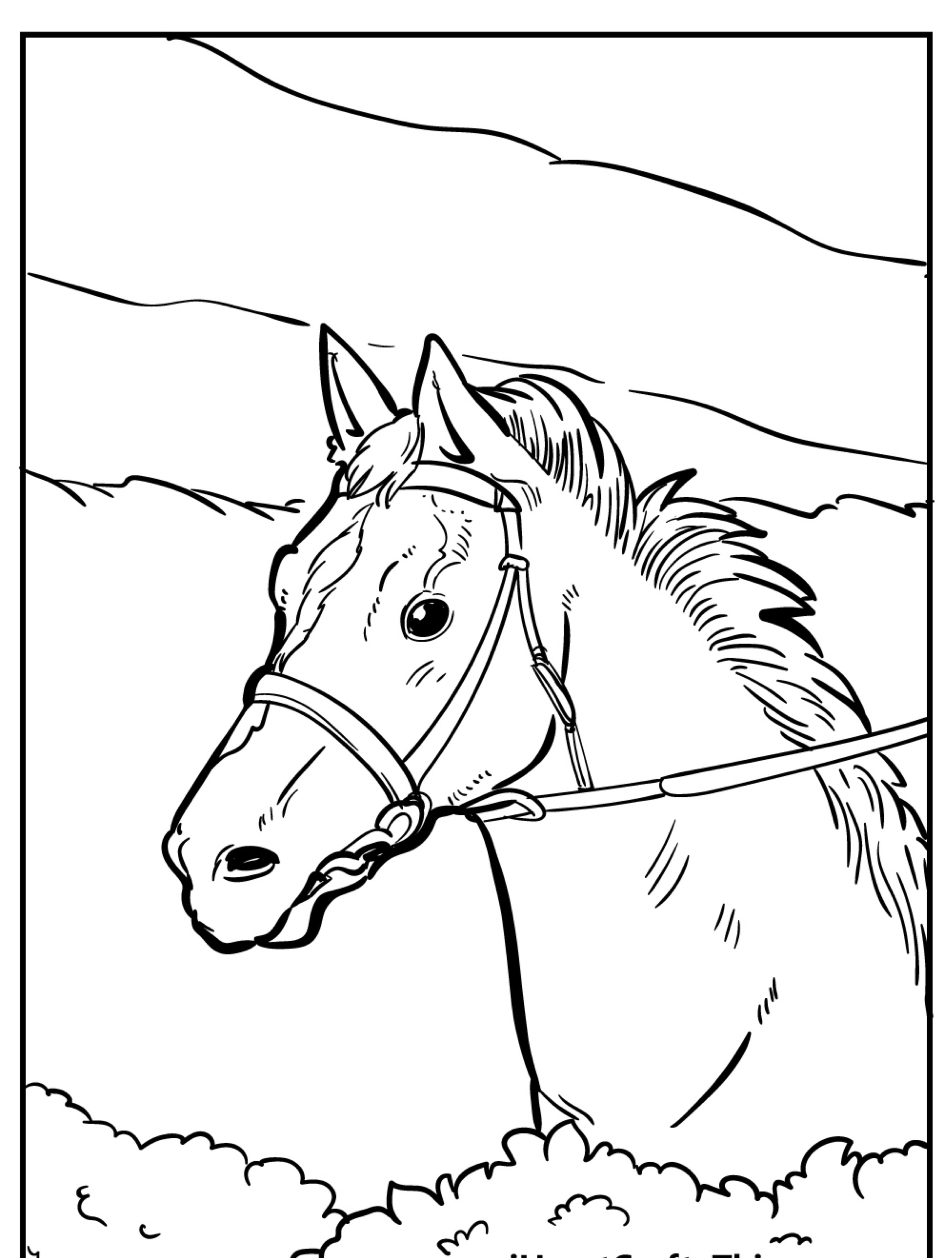 Um desenho de cavalo em preto e branco, usando rédeas, em frente a uma paisagem montanhosa, perfeito para quem procura um desenho para colorir.