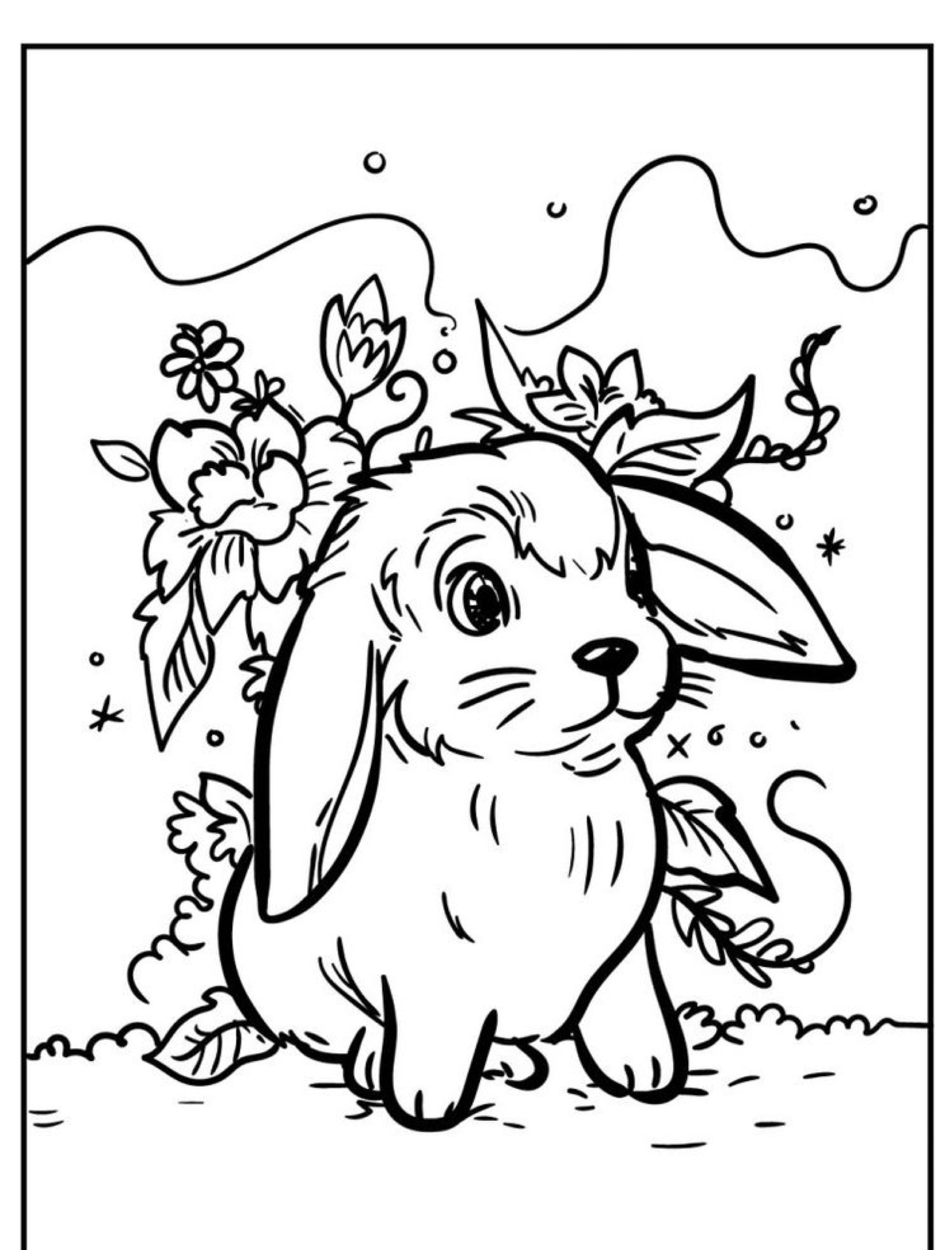 Um coelhinho fofo está sentado entre flores e folhas neste adorável desenho para colorir.