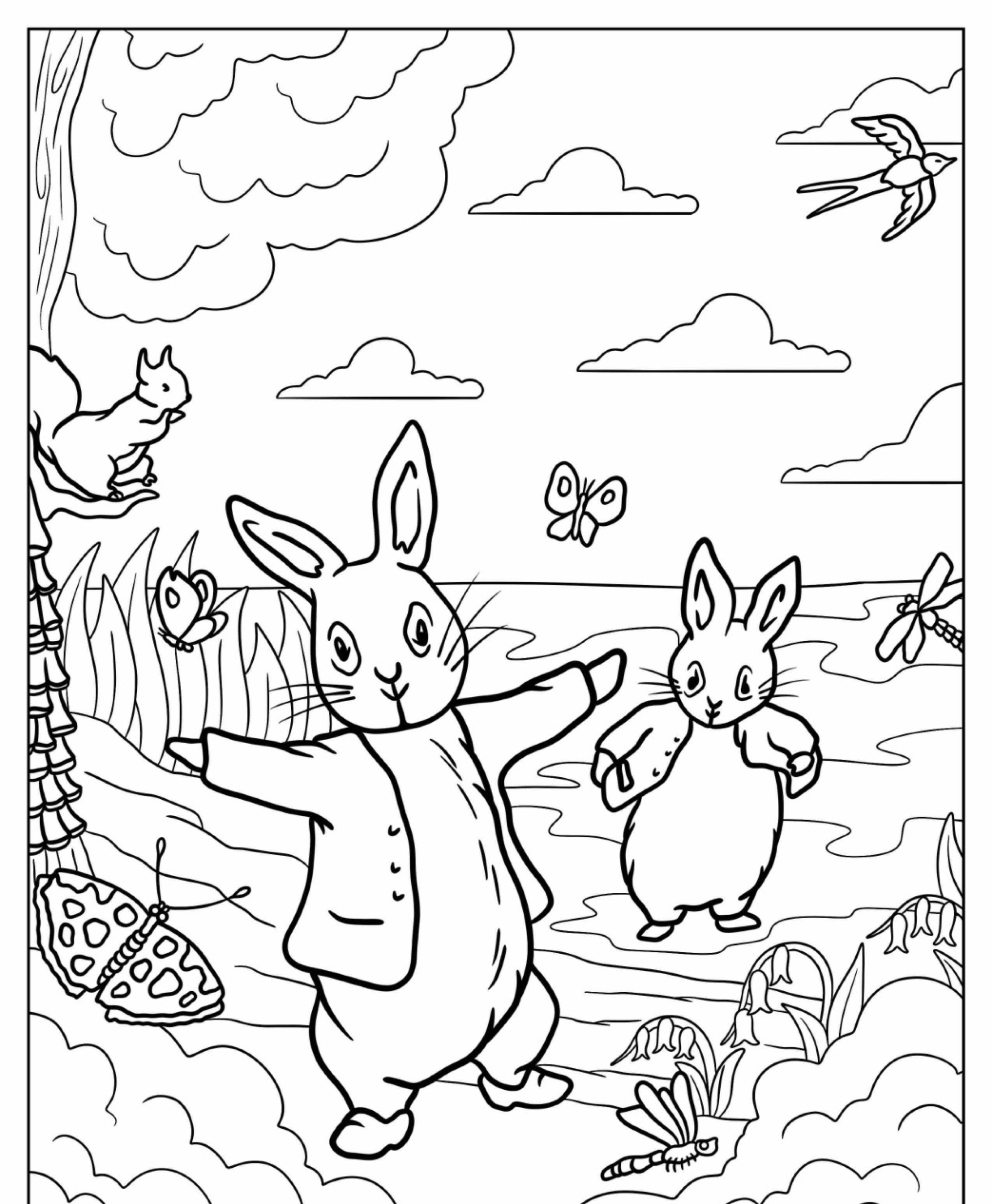 Dois coelhos em um desenho caprichoso de uma cena campestre com uma árvore, insetos, pássaros e um lago, tudo pronto para colorir.