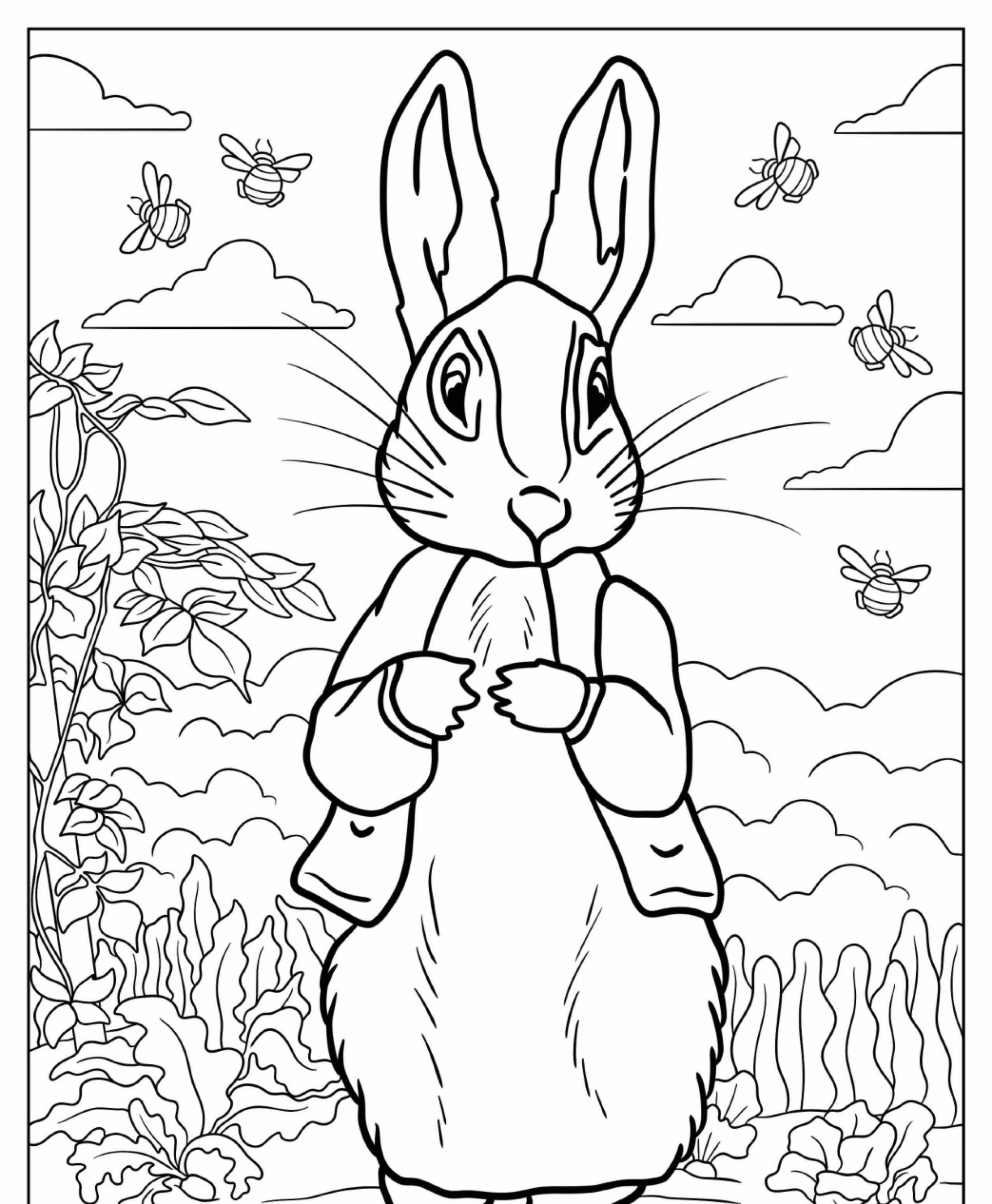 Um coelhinho em pé, de jaqueta, entre plantas e abelhas, com nuvens ao fundo. Desenho para colorir style.