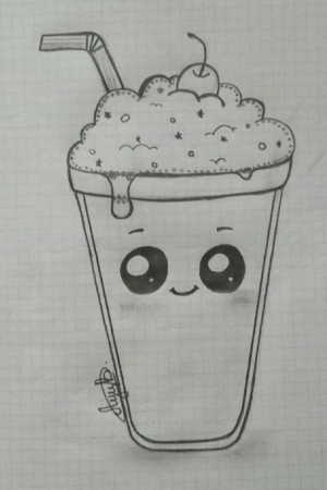 Um desenho fofo de um milkshake sorridente com olhos grandes, um canudo, espuma e uma cereja no topo — um daqueles desenhos legais que você vai adorar desenhar.