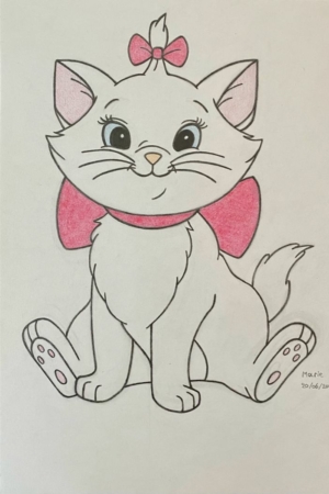 Desenho de um gatinho branco com um laço rosa na cabeça e no pescoço, sentado com uma expressão fofa. Perfeito para quem quer desenhar desenho legal!