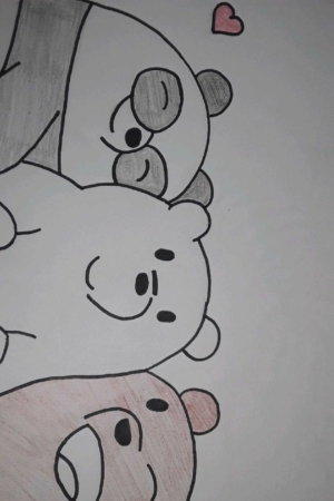 Três ursos de desenho animado sorrindo e se aconchegando com um coração rosa acima deles em uma cena amorosa e divertida — inspiração perfeita para Desenhar more Desenhos Legais.