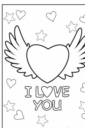 Um coração com asas cercado por estrelas e pequenos corações, com o texto "I Love You" abaixo dele. É um desenho delicioso que é perfeito para colorir. Para colorir.