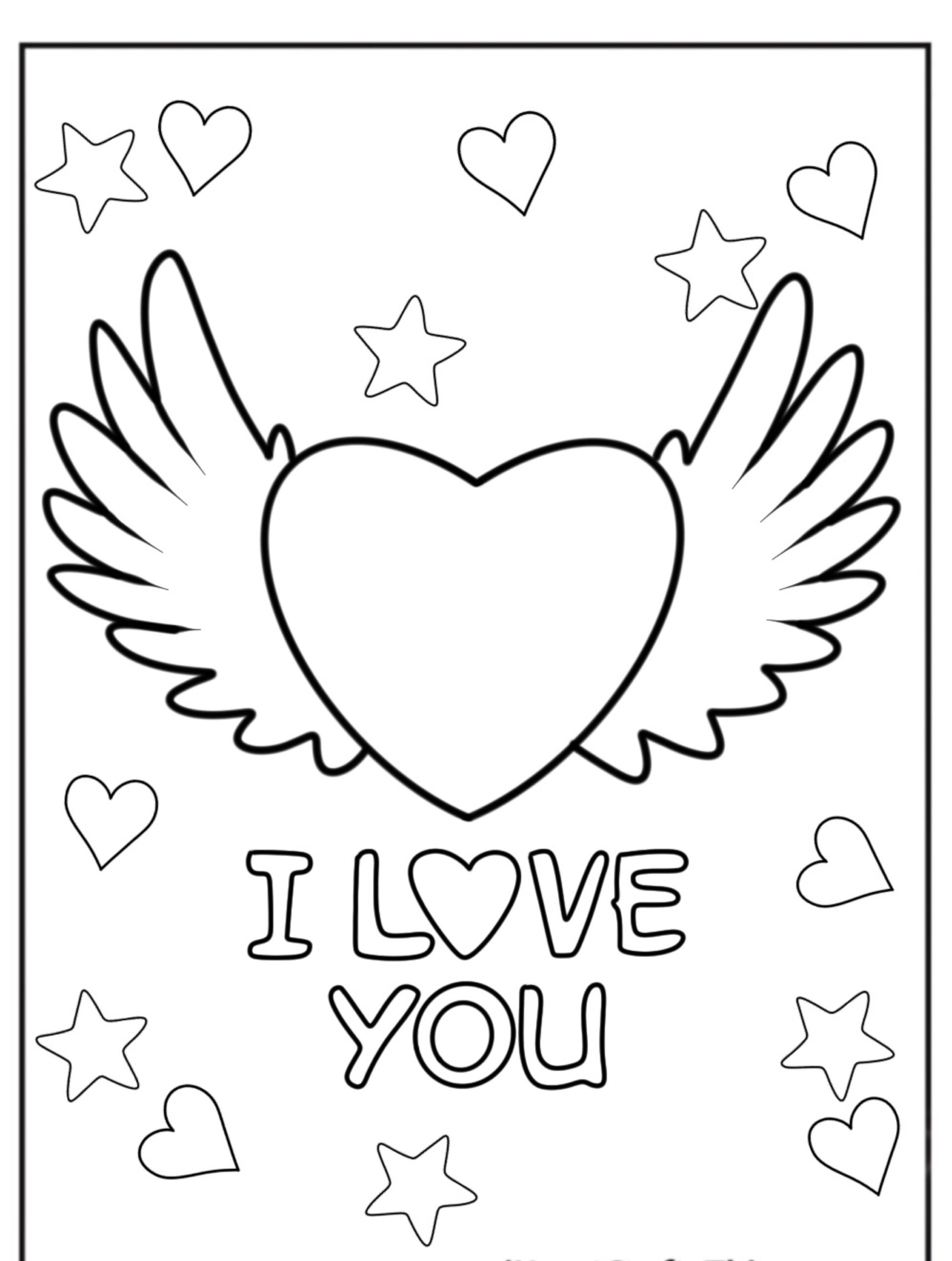 Um coração com asas cercado por estrelas e pequenos corações, com o texto "I Love You" abaixo dele. É um desenho delicioso que é perfeito para colorir. Para colorir.