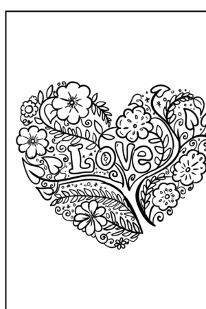 Desenho em preto e branco de corações necessários com padrões florais intrincados, com a palavra "Love" no centro. Para Colorir.