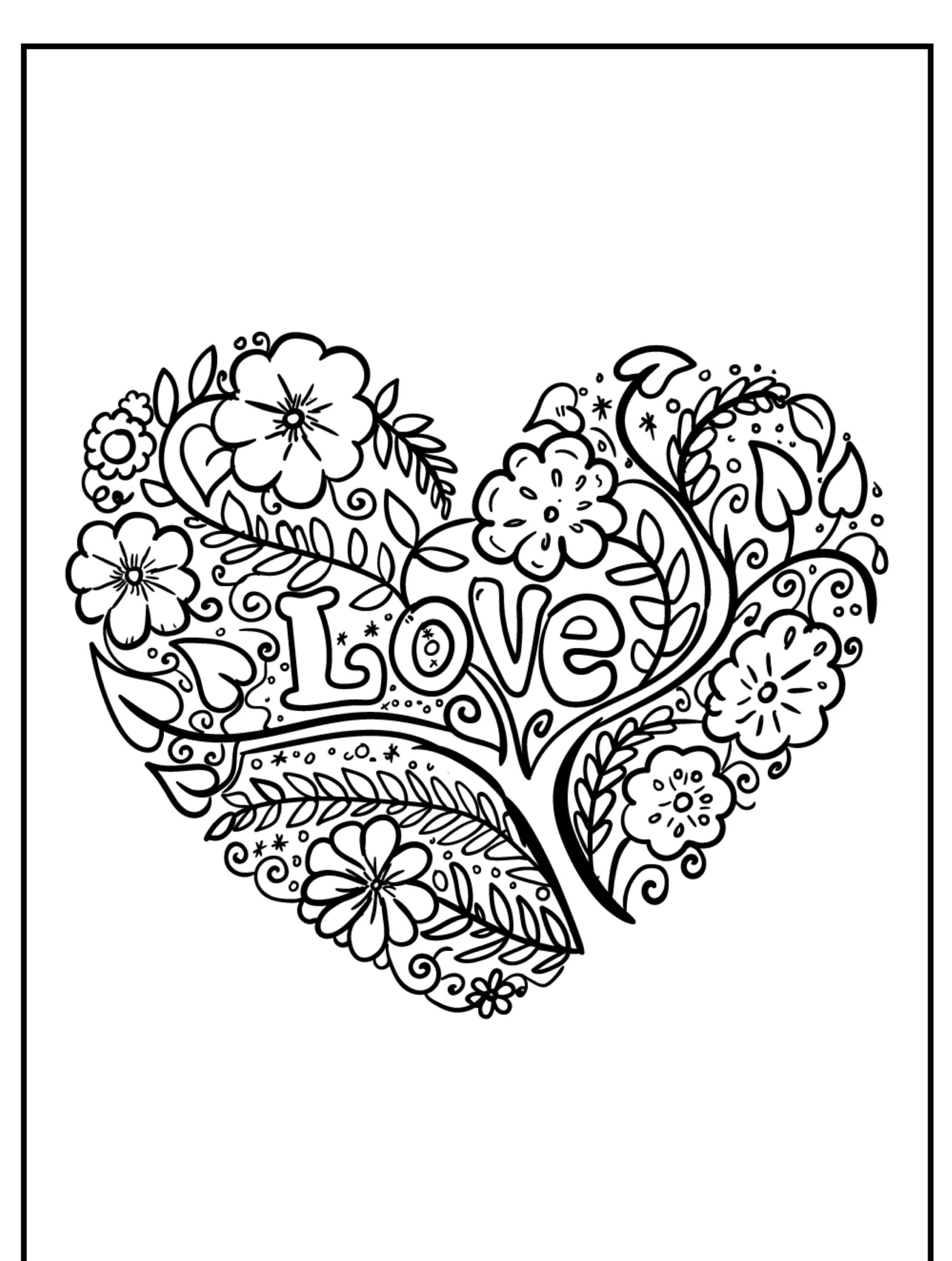 Desenho em preto e branco de corações necessários com padrões florais intrincados, com a palavra "Love" no centro. Para Colorir.