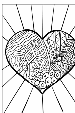 Um coração repleto de intrincados padrões zentangle e linhas irradiando para fora, perfeito para quem procura desenhos de corações para colorir. Para Colorir.