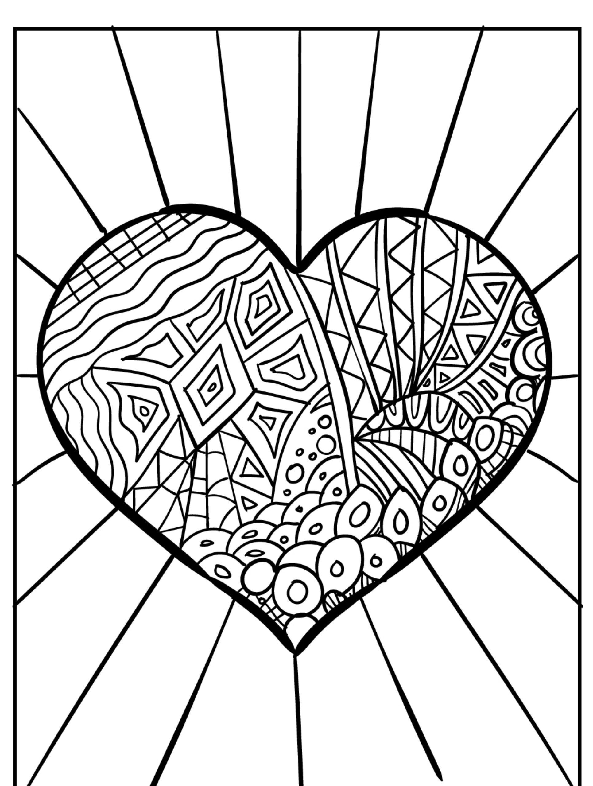 Um coração repleto de intrincados padrões zentangle e linhas irradiando para fora, perfeito para quem procura desenhos de corações para colorir. Para Colorir.