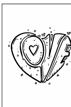 Texto "AMOR" com o "L" e o "E" formando parte de um formato de coração, cercado por pequenos corações e pontos. Preto e branco, perfeito como um desenho de corações para colorir. Para Colorir.